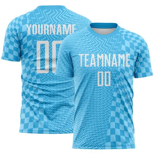 Custom Sky Blue-White Geometric Patchwork Asymmetry Checkered Zigzag Lines Sublimation Soccer Uniform Jersey - Main View