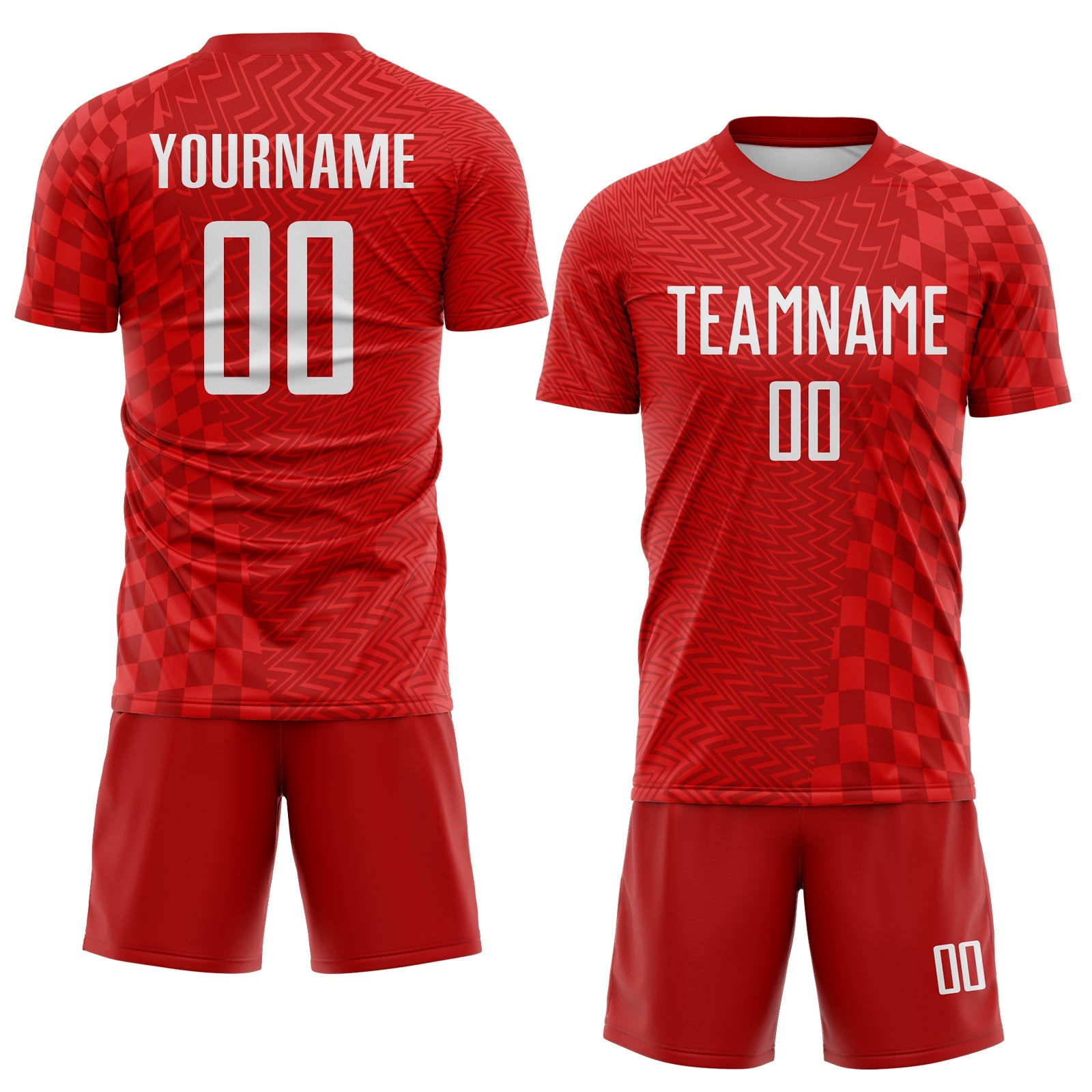 Custom Red-White Geometric Patchwork Asymmetry Checkered Zigzag Lines Sublimation Soccer Uniform Jersey view 2