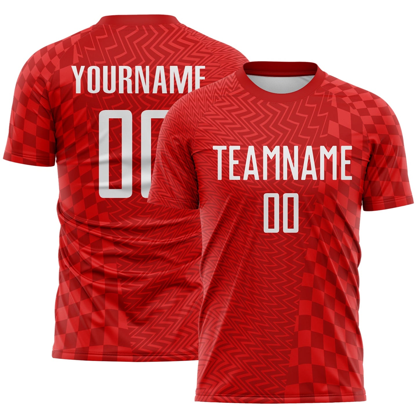 Custom Red-White Geometric Patchwork Asymmetry Checkered Zigzag Lines Sublimation Soccer Uniform Jersey - Main View