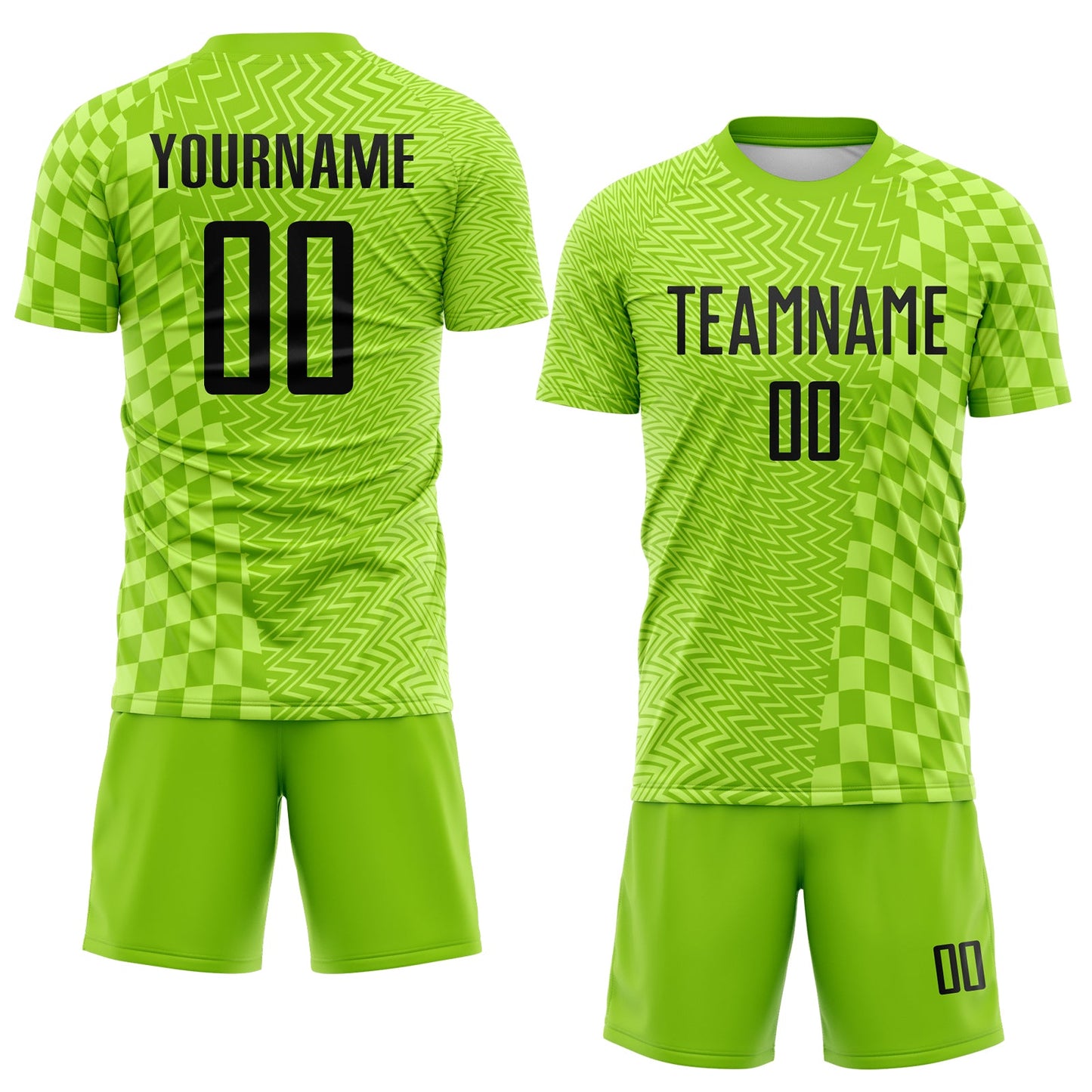 Custom Neon Green-Black Geometric Patchwork Asymmetry Checkered Zigzag Lines Sublimation Soccer Uniform Jersey view 2