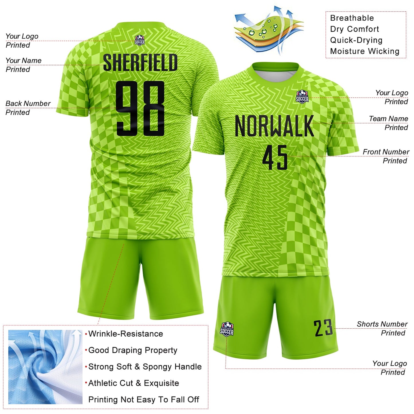 Custom Neon Green-Black Geometric Patchwork Asymmetry Checkered Zigzag Lines Sublimation Soccer Uniform Jersey view 4