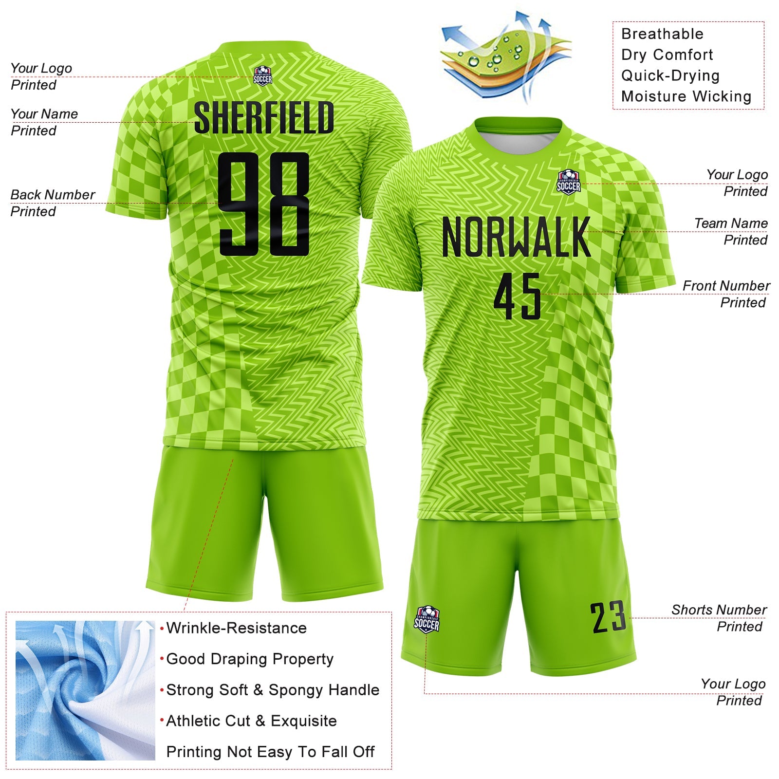Custom Neon Green-Black Geometric Patchwork Asymmetry Checkered Zigzag Lines Sublimation Soccer Uniform Jersey view 4