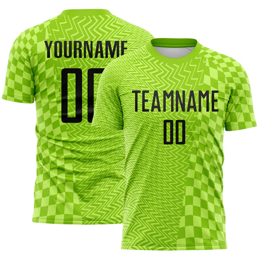 Custom Neon Green-Black Geometric Patchwork Asymmetry Checkered Zigzag Lines Sublimation Soccer Uniform Jersey - Main View