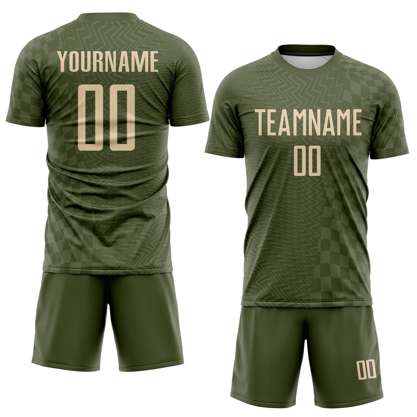 Custom Olive-City Cream Geometric Patchwork Asymmetry Checkered Zigzag Lines Sublimation Soccer Uniform Jersey view 2