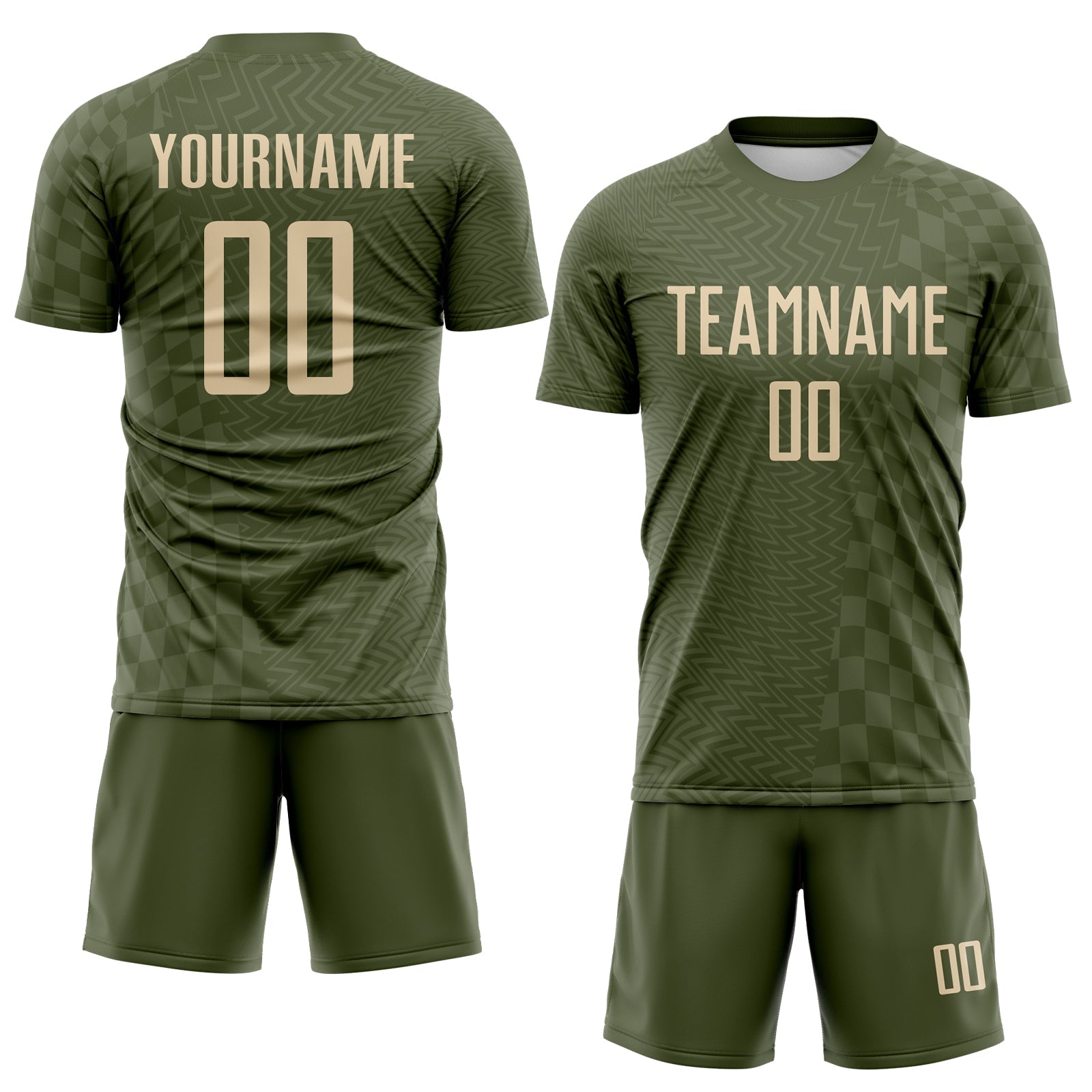 Custom Olive-City Cream Geometric Patchwork Asymmetry Checkered Zigzag Lines Sublimation Soccer Uniform Jersey view 2