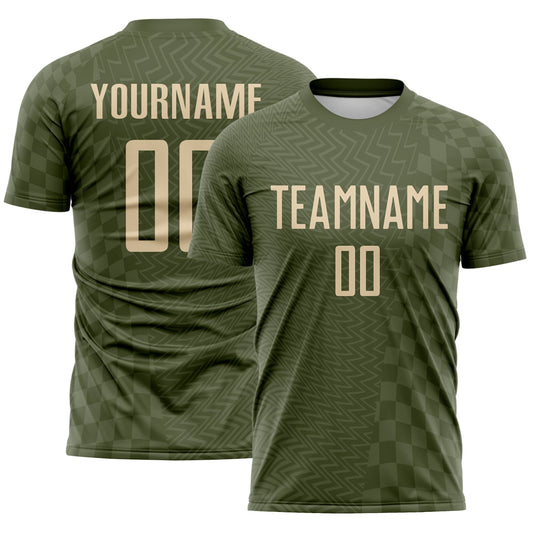 Custom Olive-City Cream Geometric Patchwork Asymmetry Checkered Zigzag Lines Sublimation Soccer Uniform Jersey - Main View