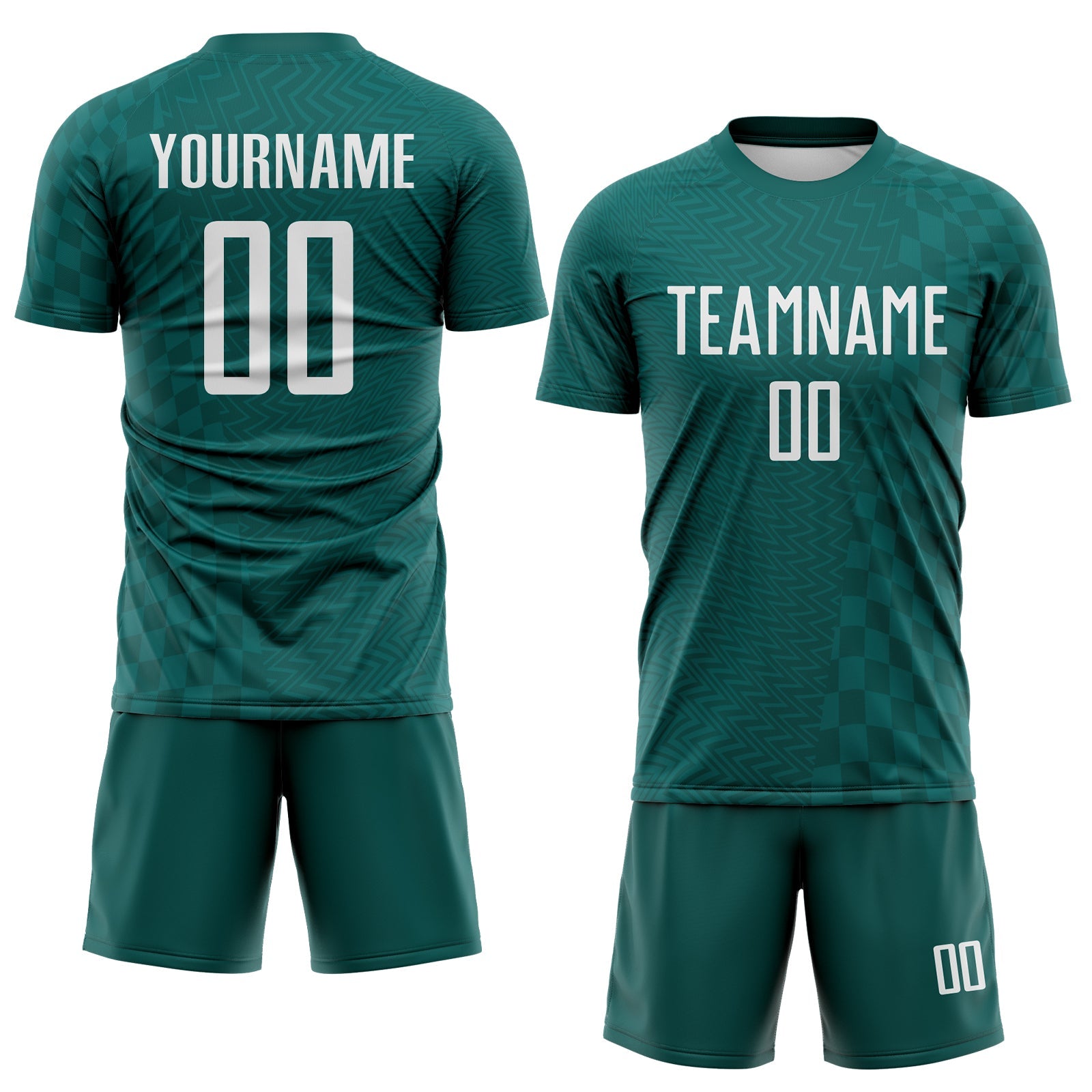 Custom Midnight Green-White Geometric Patchwork Asymmetry Checkered Zigzag Lines Sublimation Soccer Uniform Jersey view 2