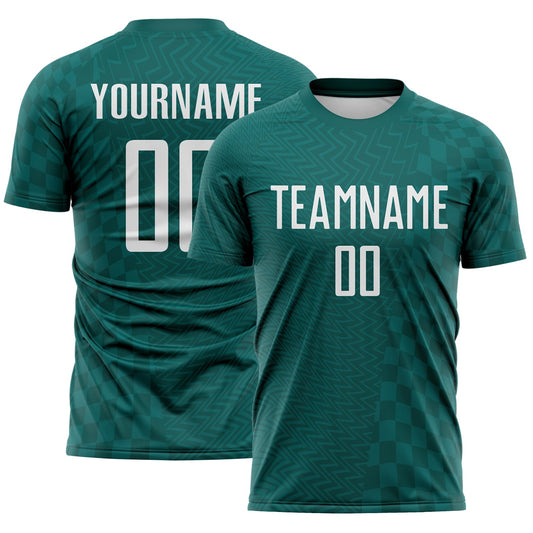 Custom Midnight Green-White Geometric Patchwork Asymmetry Checkered Zigzag Lines Sublimation Soccer Uniform Jersey - Main View
