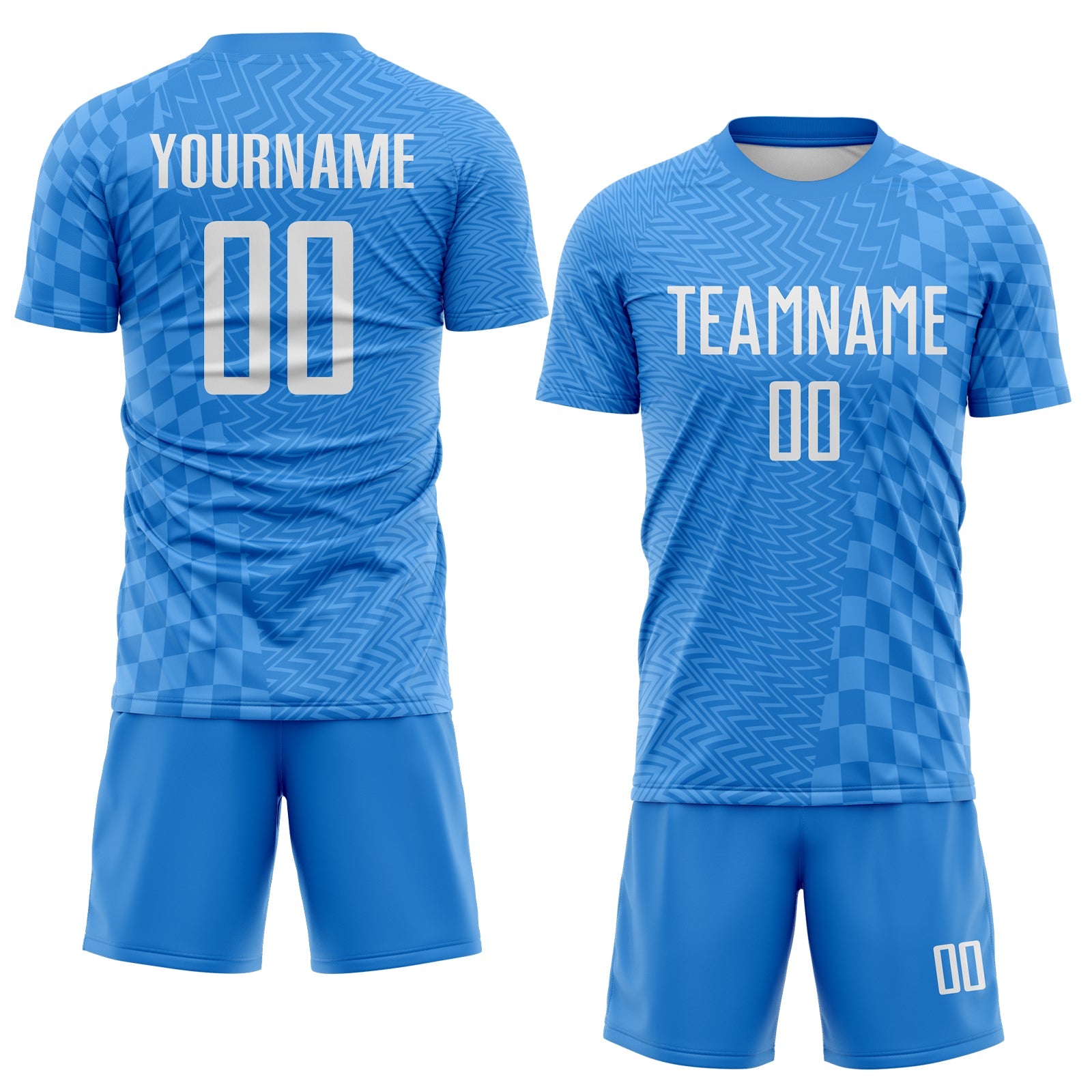 Custom Powder Blue-White Geometric Patchwork Asymmetry Checkered Zigzag Lines Sublimation Soccer Uniform Jersey view 2