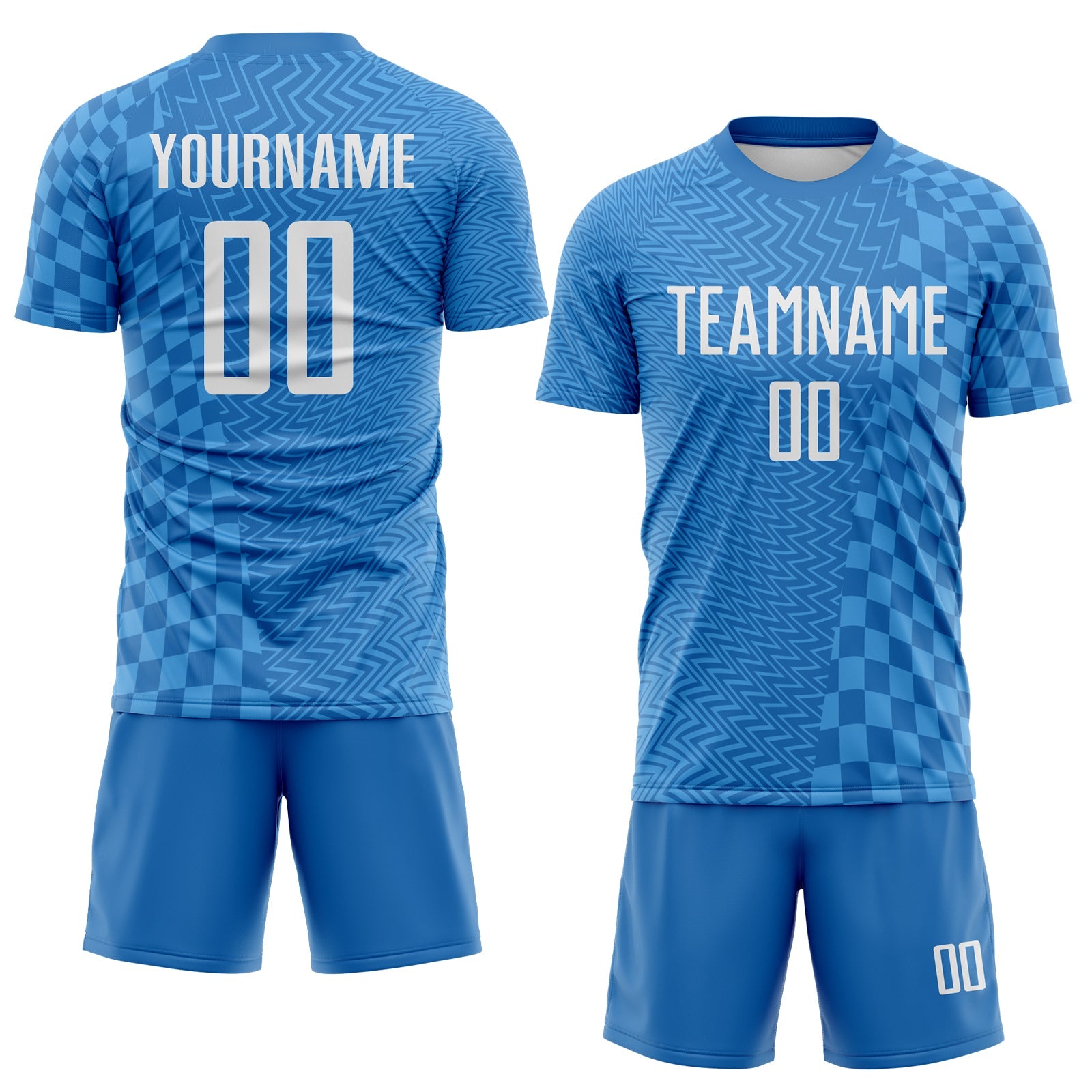 Custom Blue-White Geometric Patchwork Asymmetry Checkered Zigzag Lines Sublimation Soccer Uniform Jersey view 2