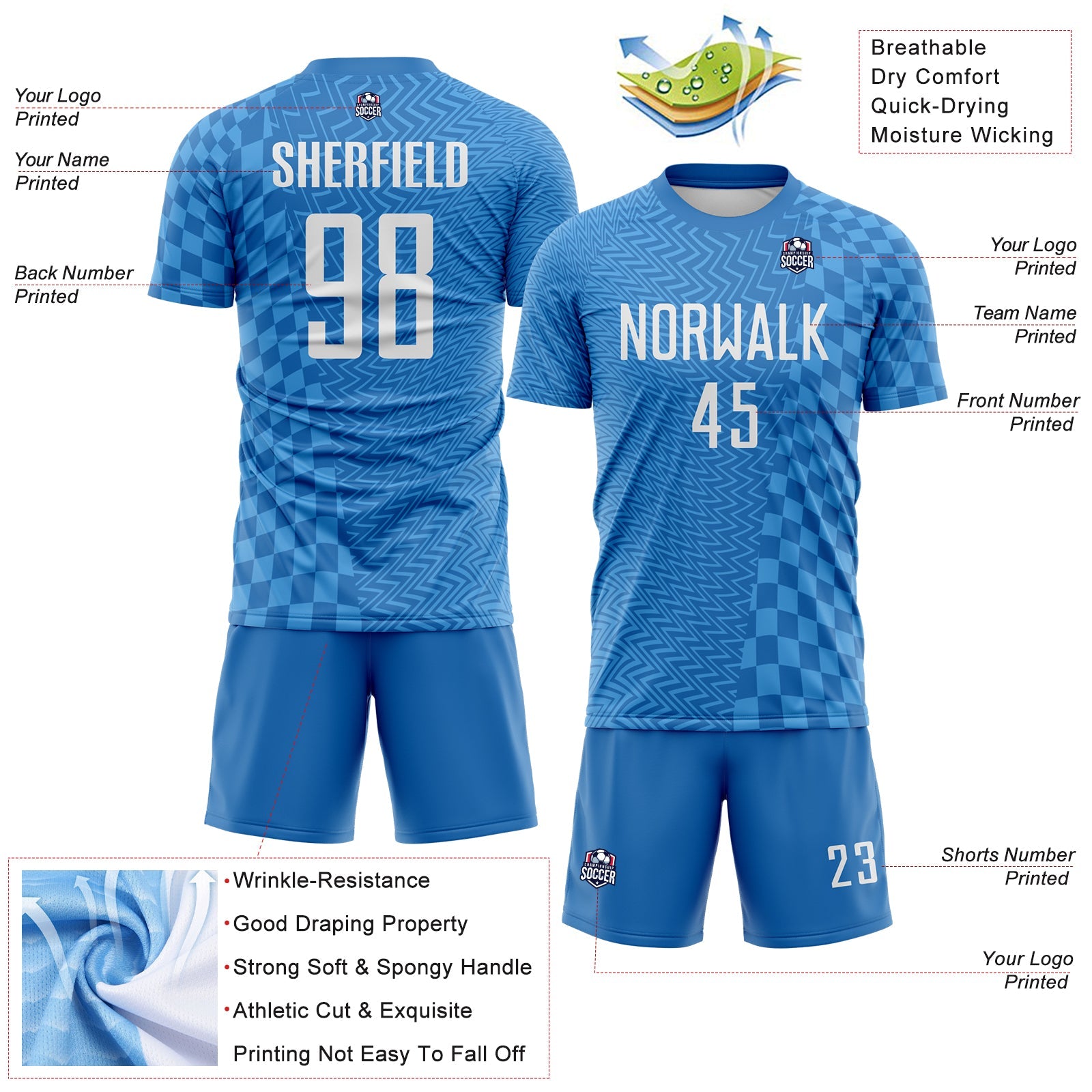 Custom Blue-White Geometric Patchwork Asymmetry Checkered Zigzag Lines Sublimation Soccer Uniform Jersey view 4