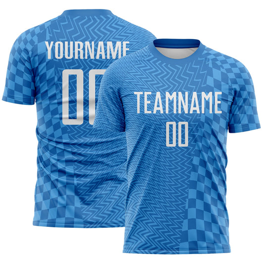 Custom Blue-White Geometric Patchwork Asymmetry Checkered Zigzag Lines Sublimation Soccer Uniform Jersey - Main View