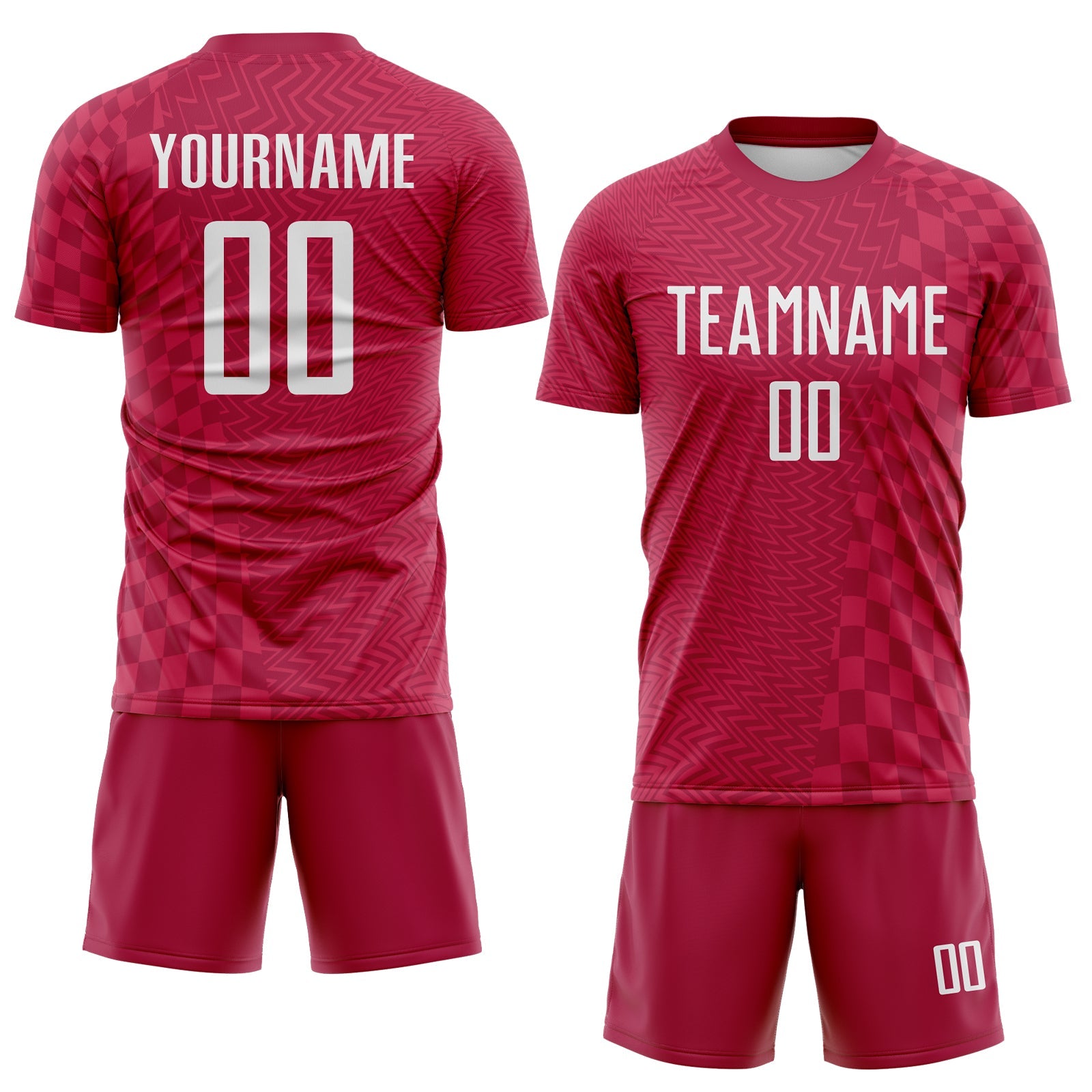 Custom Burgundy-White Geometric Patchwork Asymmetry Checkered Zigzag Lines Sublimation Soccer Uniform Jersey view 2