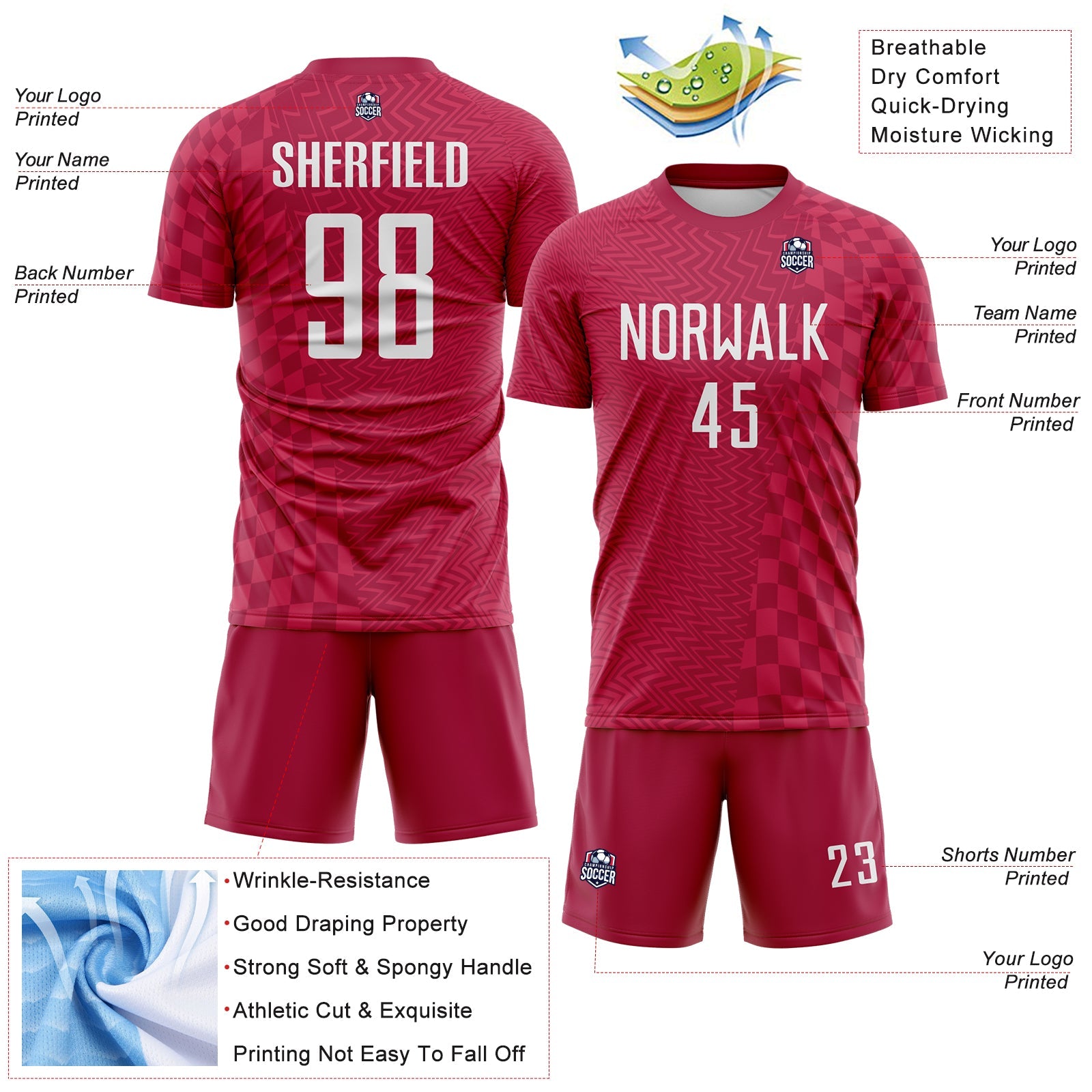 Custom Burgundy-White Geometric Patchwork Asymmetry Checkered Zigzag Lines Sublimation Soccer Uniform Jersey view 4