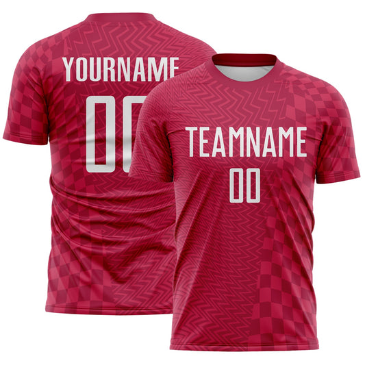 Custom Burgundy-White Geometric Patchwork Asymmetry Checkered Zigzag Lines Sublimation Soccer Uniform Jersey - Main View