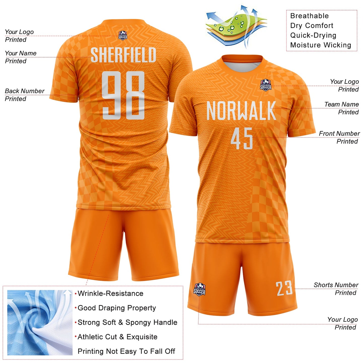 Custom Bay Orange-White Geometric Patchwork Asymmetry Checkered Zigzag Lines Sublimation Soccer Uniform Jersey view 4