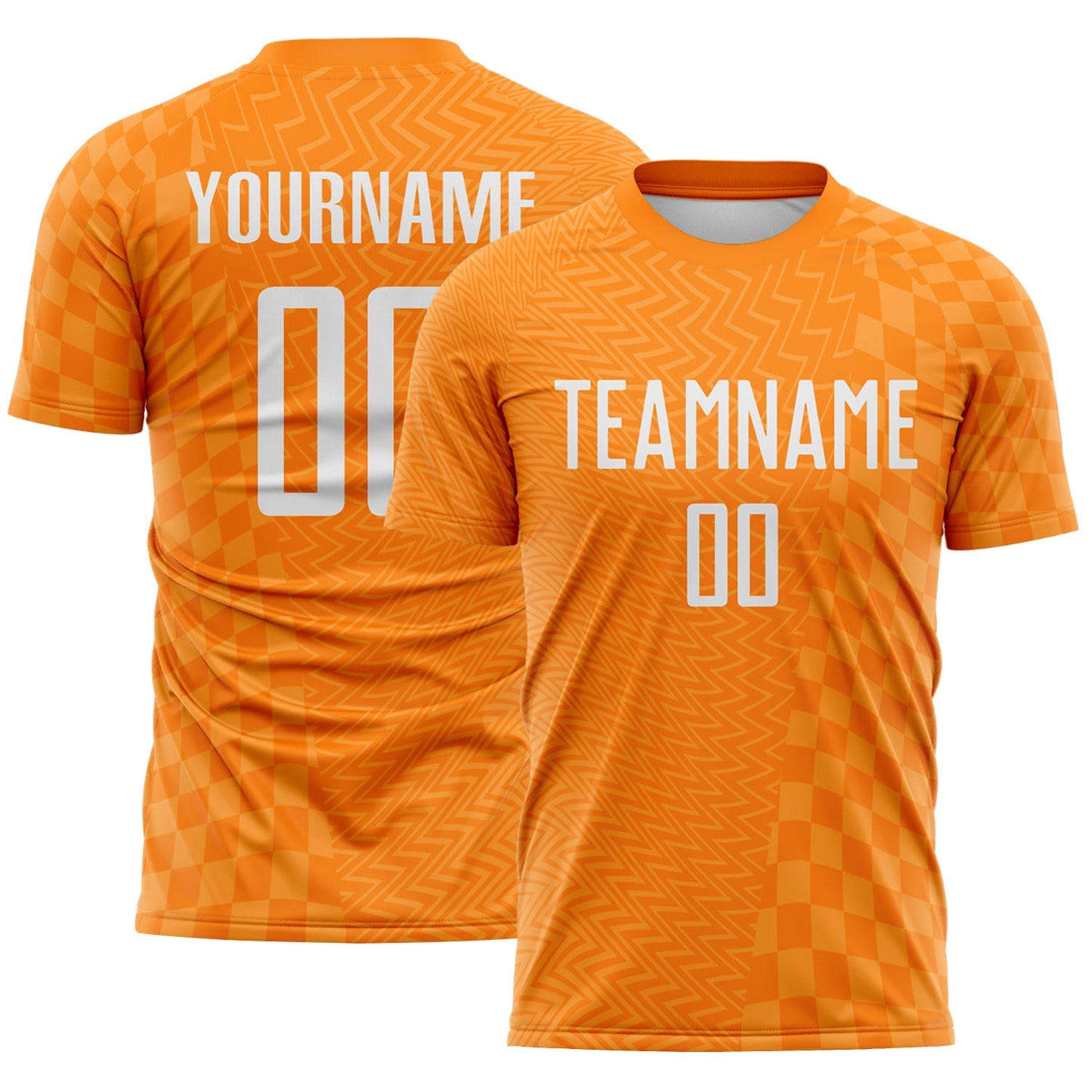 Custom Bay Orange-White Geometric Patchwork Asymmetry Checkered Zigzag Lines Sublimation Soccer Uniform Jersey - Main View