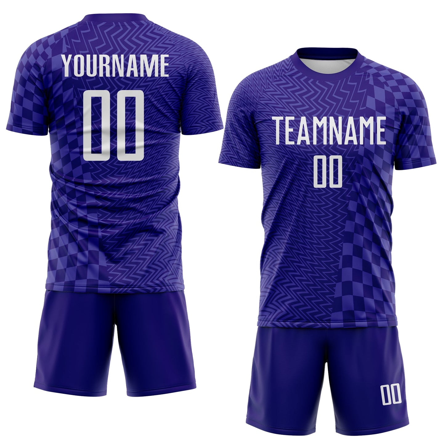 Custom Dark Purple-White Geometric Patchwork Asymmetry Checkered Zigzag Lines Sublimation Soccer Uniform Jersey view 2