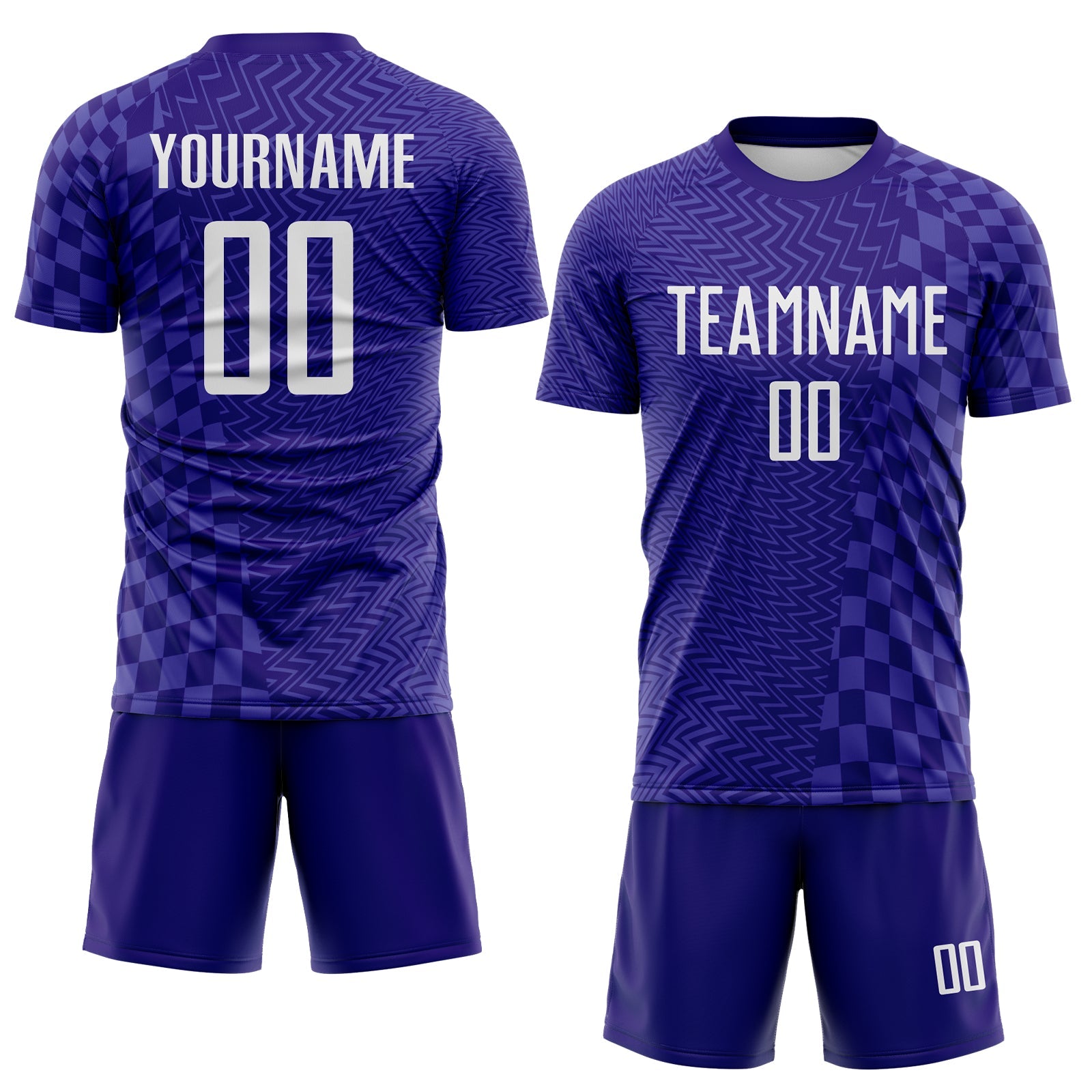 Custom Dark Purple-White Geometric Patchwork Asymmetry Checkered Zigzag Lines Sublimation Soccer Uniform Jersey view 2