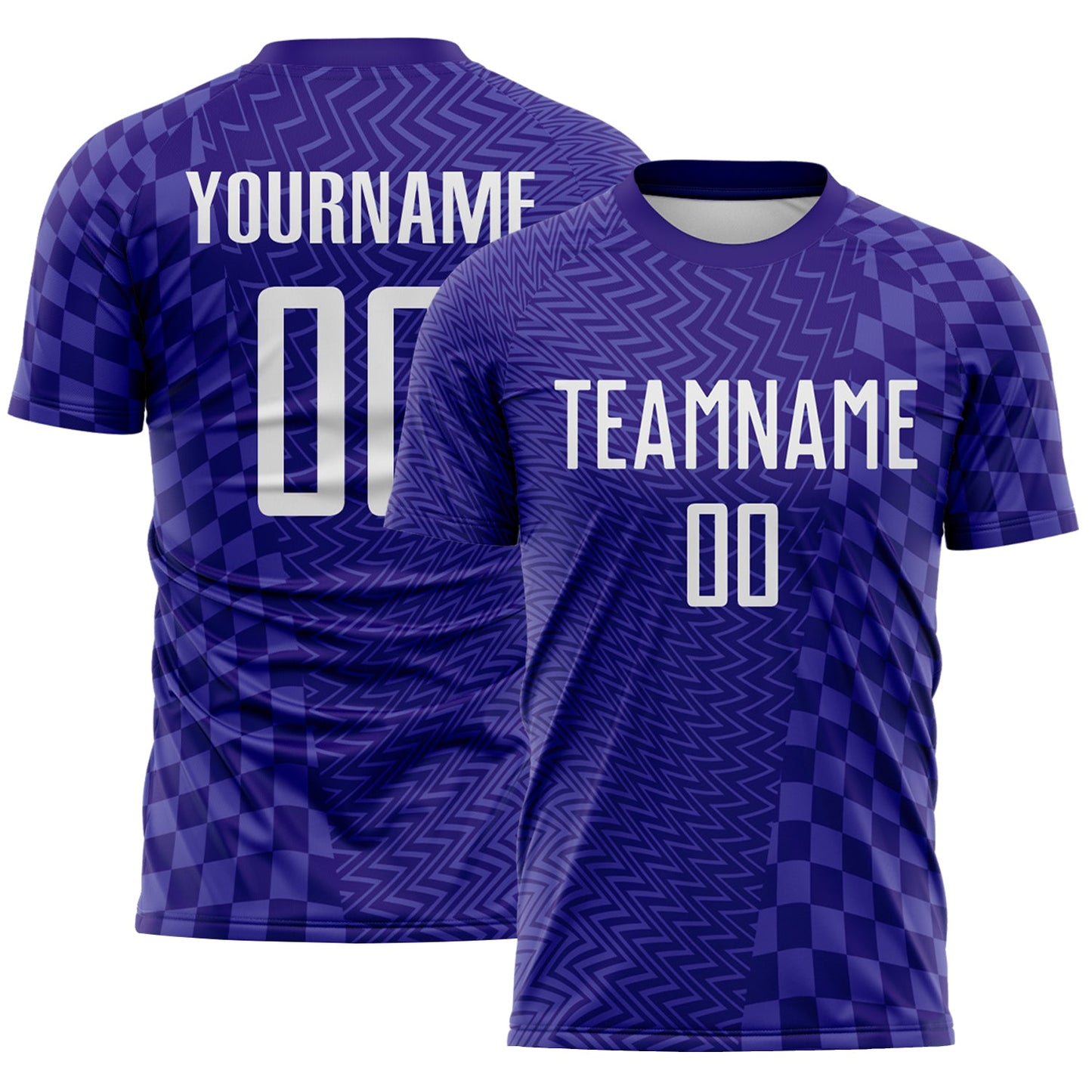 Custom Dark Purple-White Geometric Patchwork Asymmetry Checkered Zigzag Lines Sublimation Soccer Uniform Jersey - Main View