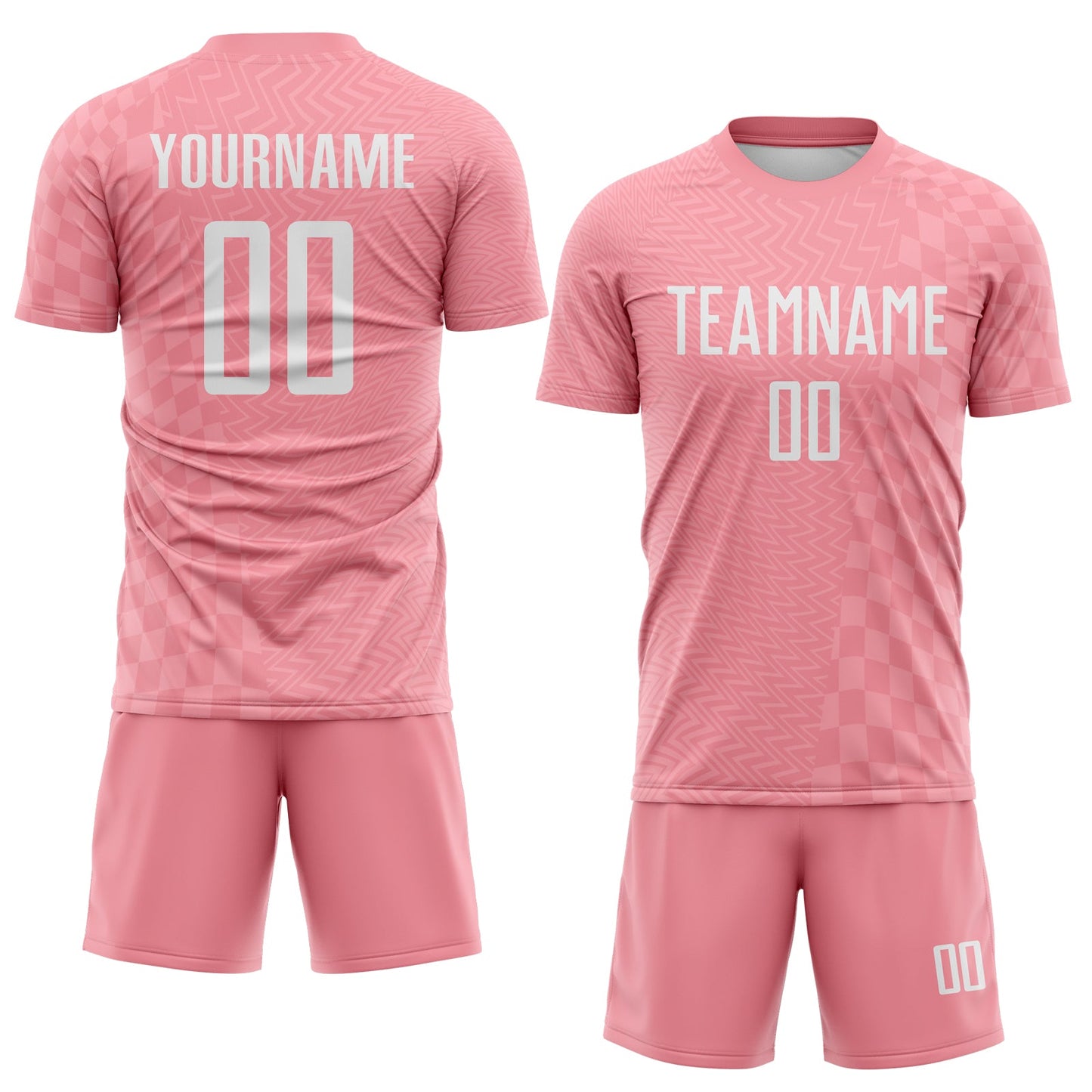 Custom Medium Pink-White Geometric Patchwork Asymmetry Checkered Zigzag Lines Sublimation Soccer Uniform Jersey view 2