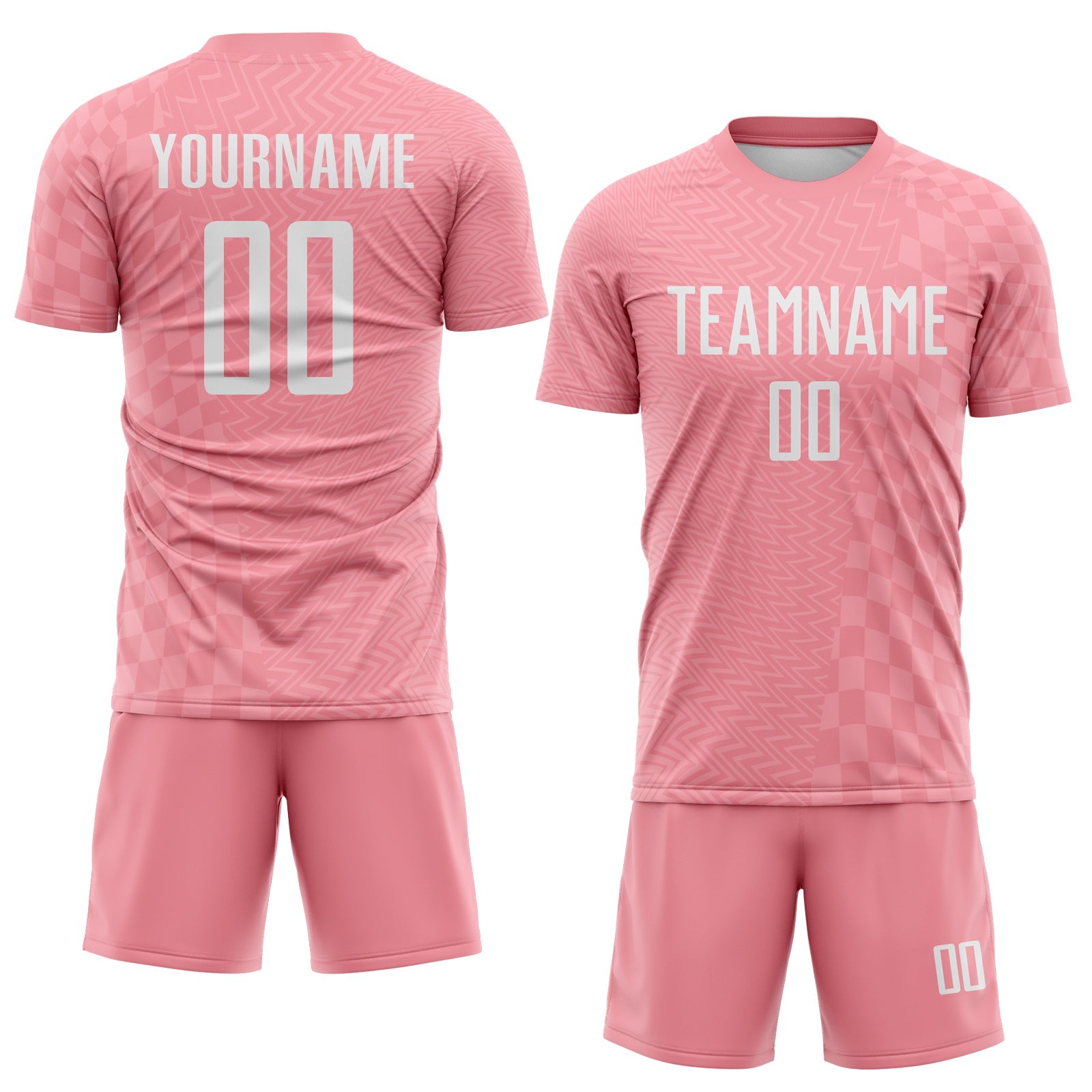 Custom Medium Pink-White Geometric Patchwork Asymmetry Checkered Zigzag Lines Sublimation Soccer Uniform Jersey view 2