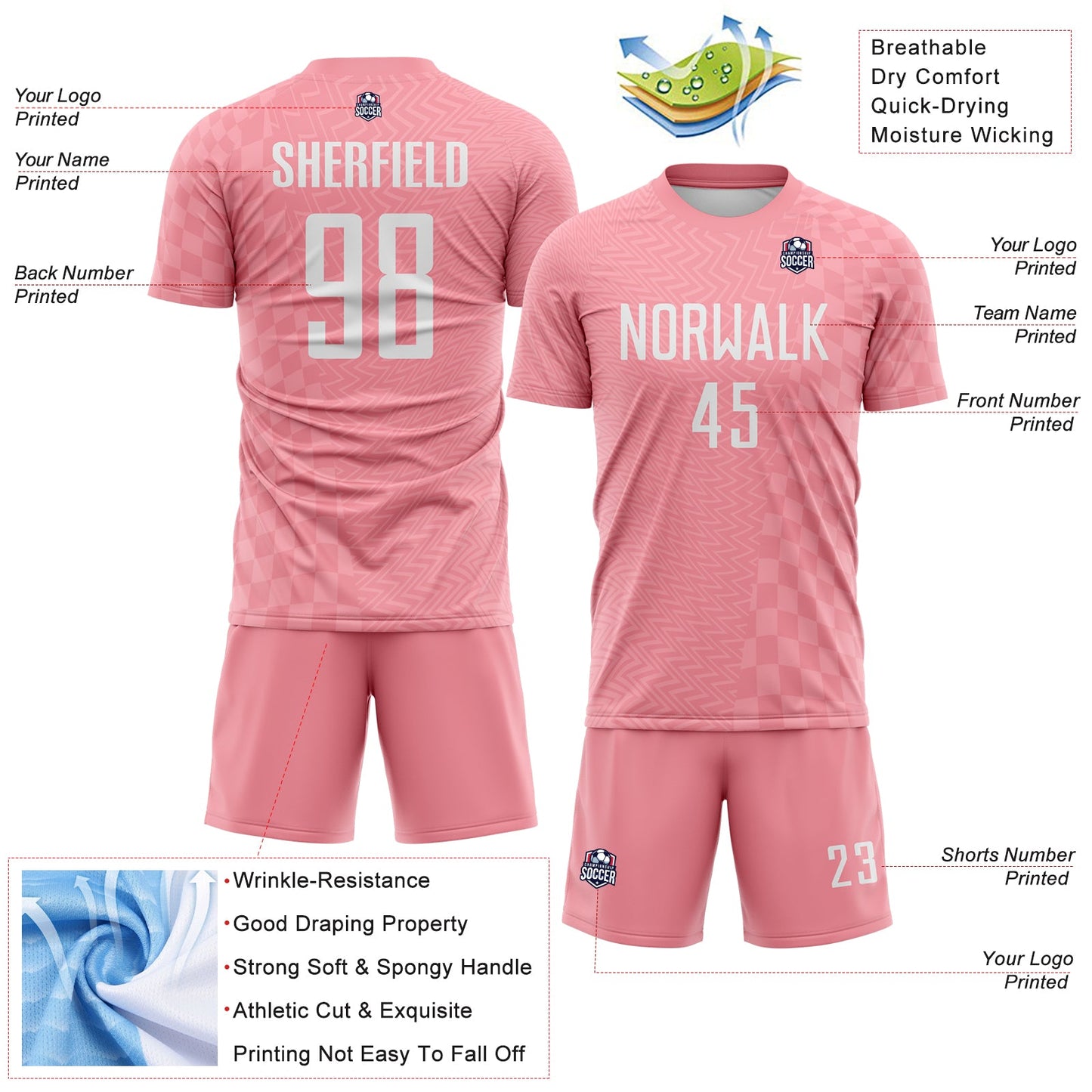 Custom Medium Pink-White Geometric Patchwork Asymmetry Checkered Zigzag Lines Sublimation Soccer Uniform Jersey view 4