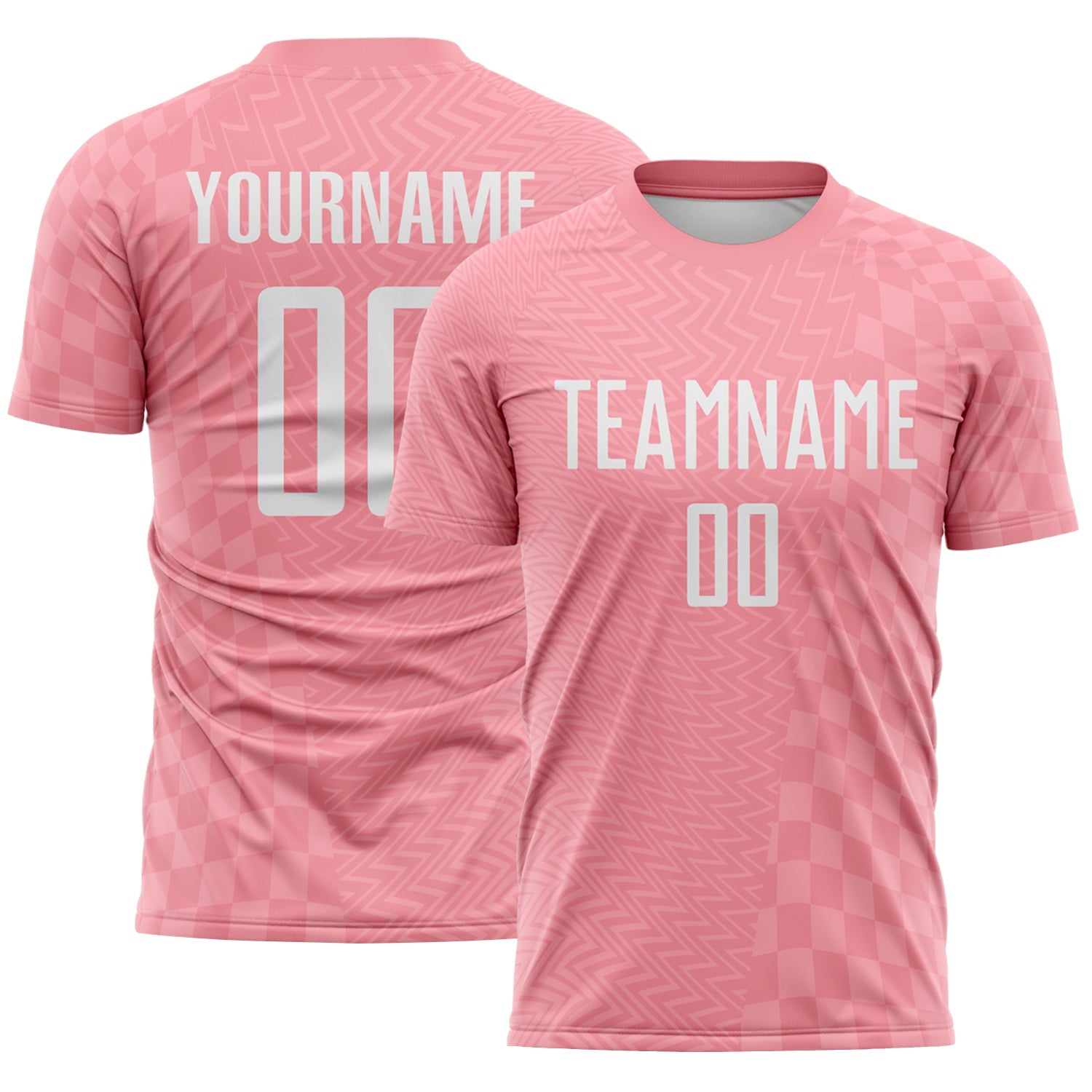 Custom Medium Pink-White Geometric Patchwork Asymmetry Checkered Zigzag Lines Sublimation Soccer Uniform Jersey - Main View