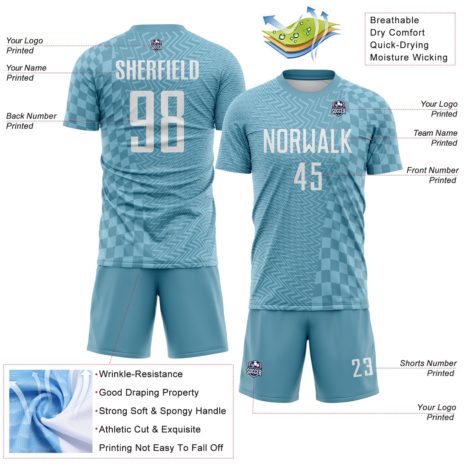 Custom Shadow Blue-White Geometric Patchwork Asymmetry Checkered Zigzag Lines Sublimation Soccer Uniform Jersey view 4