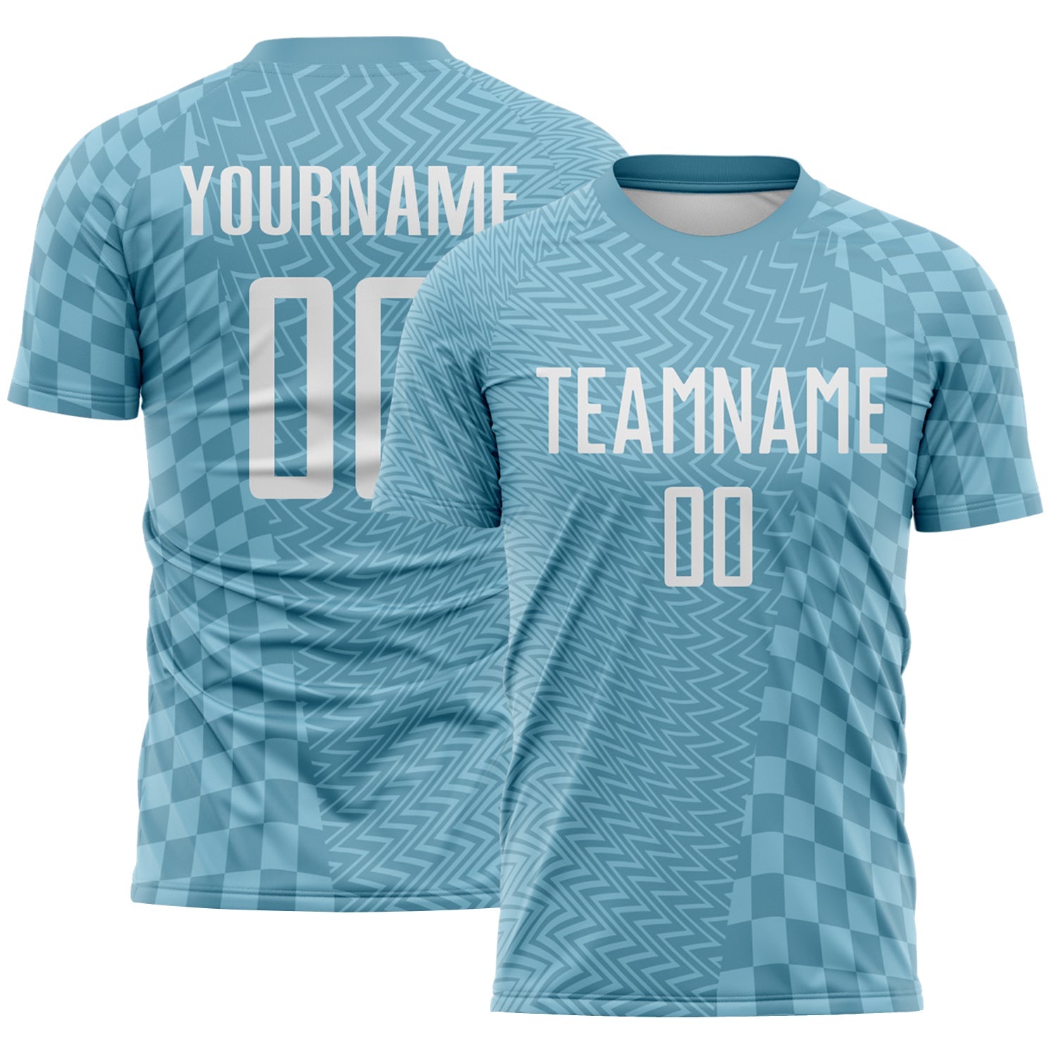 Custom Shadow Blue-White Geometric Patchwork Asymmetry Checkered Zigzag Lines Sublimation Soccer Uniform Jersey - Main View