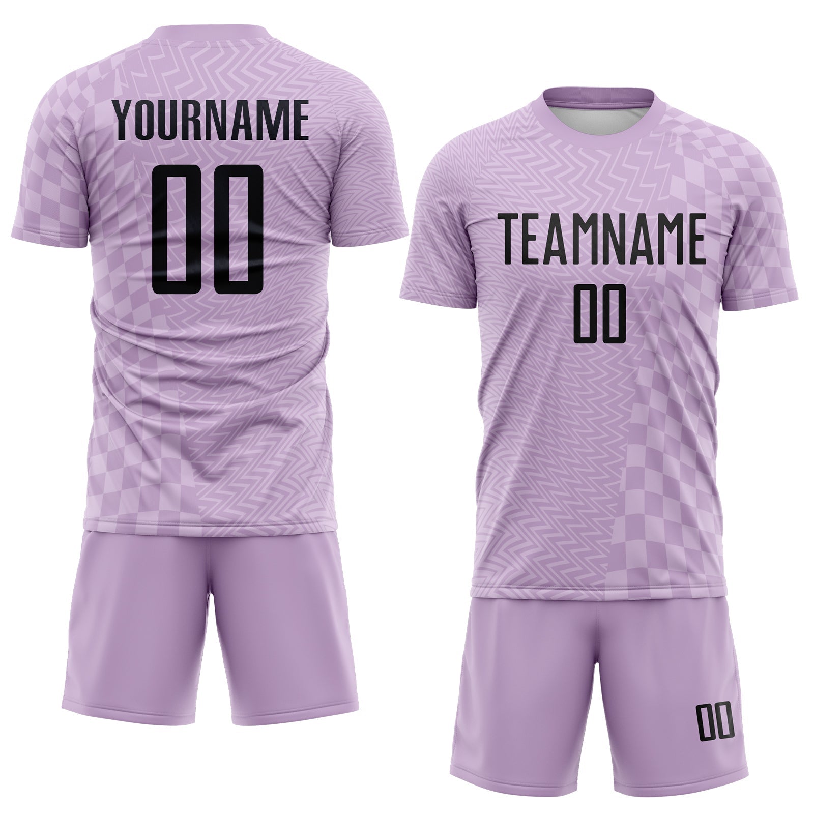 Custom Light Purple-Black Geometric Patchwork Asymmetry Checkered Zigzag Lines Sublimation Soccer Uniform Jersey view 2
