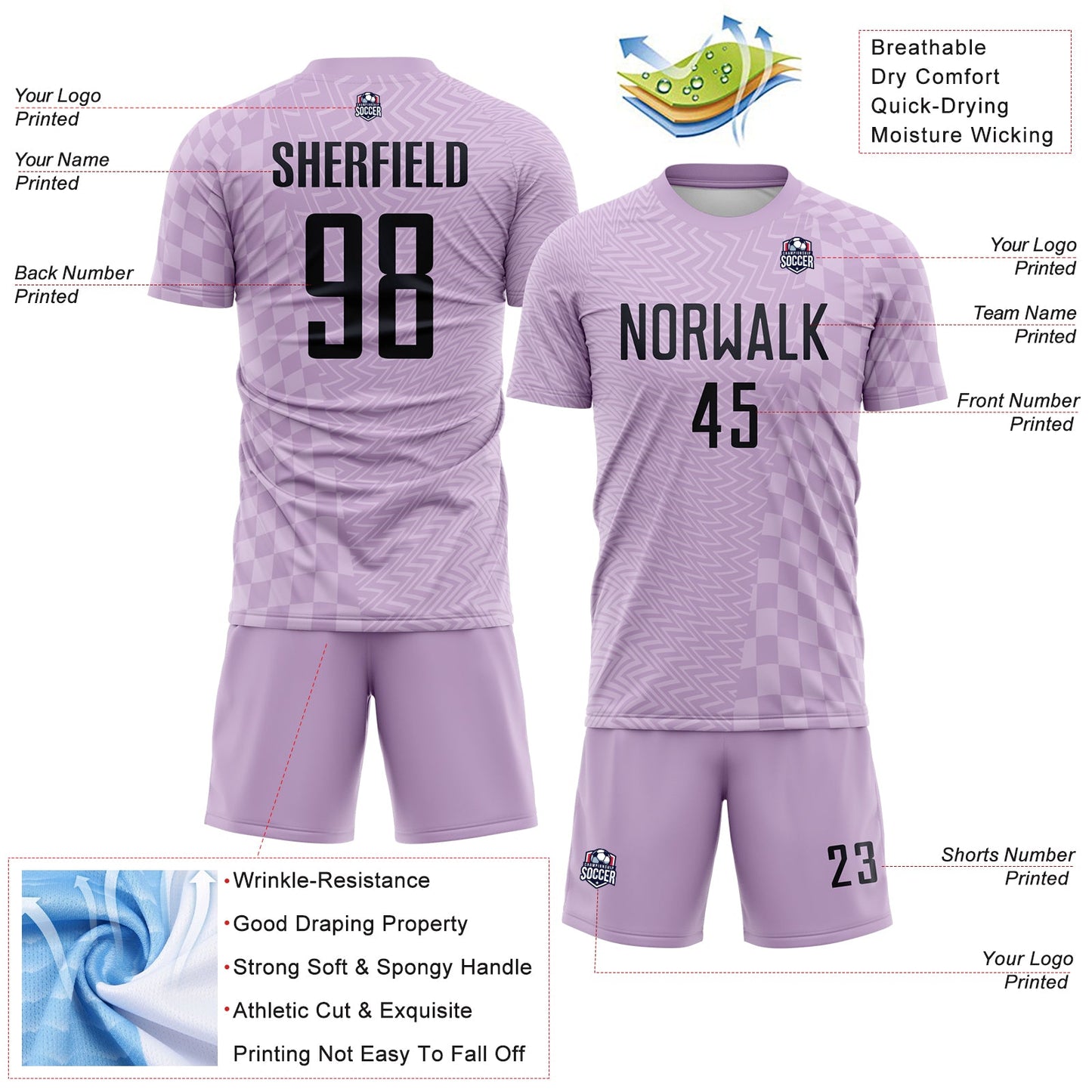 Custom Light Purple-Black Geometric Patchwork Asymmetry Checkered Zigzag Lines Sublimation Soccer Uniform Jersey view 4