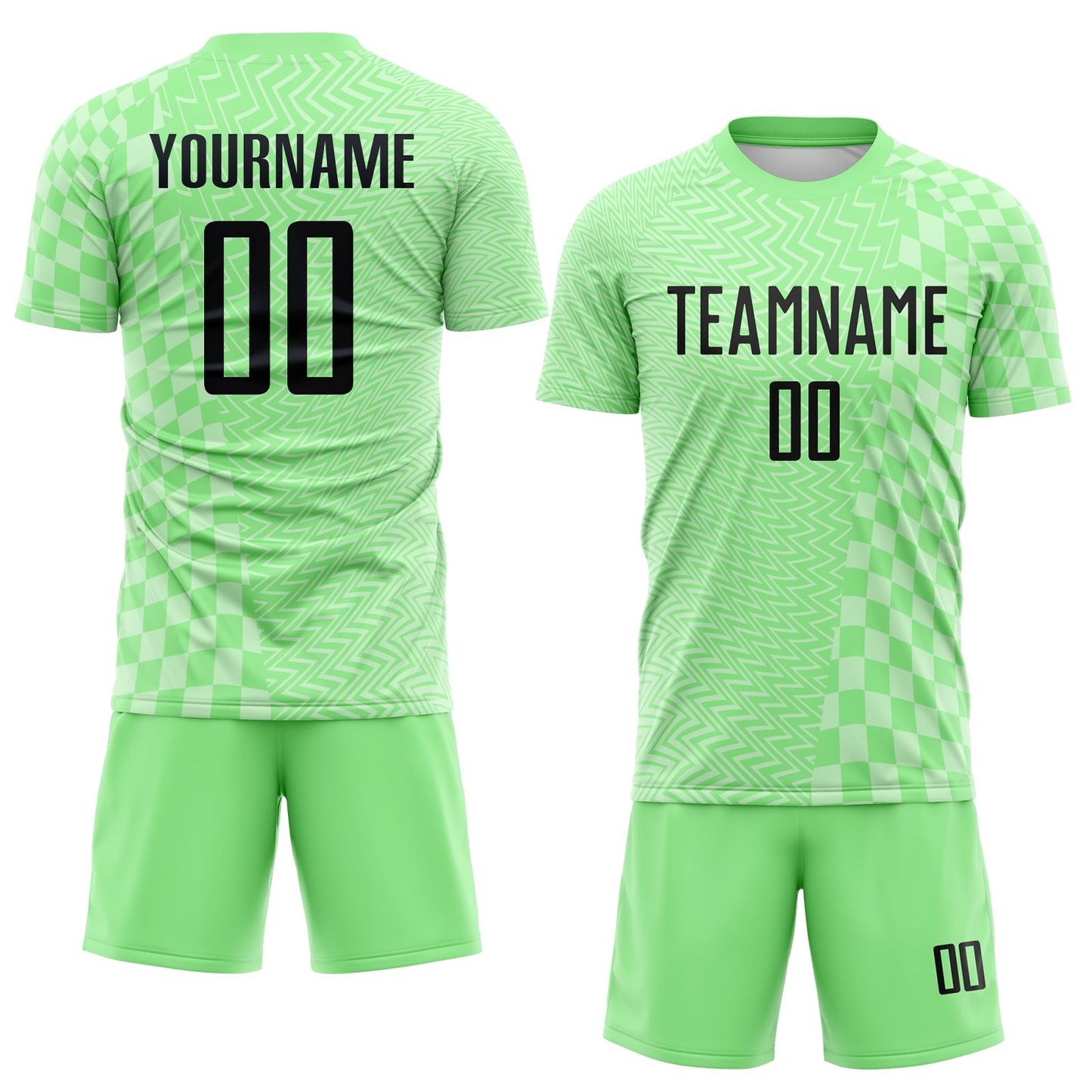 Custom Pea Green-Black Geometric Patchwork Asymmetry Checkered Zigzag Lines Sublimation Soccer Uniform Jersey view 2