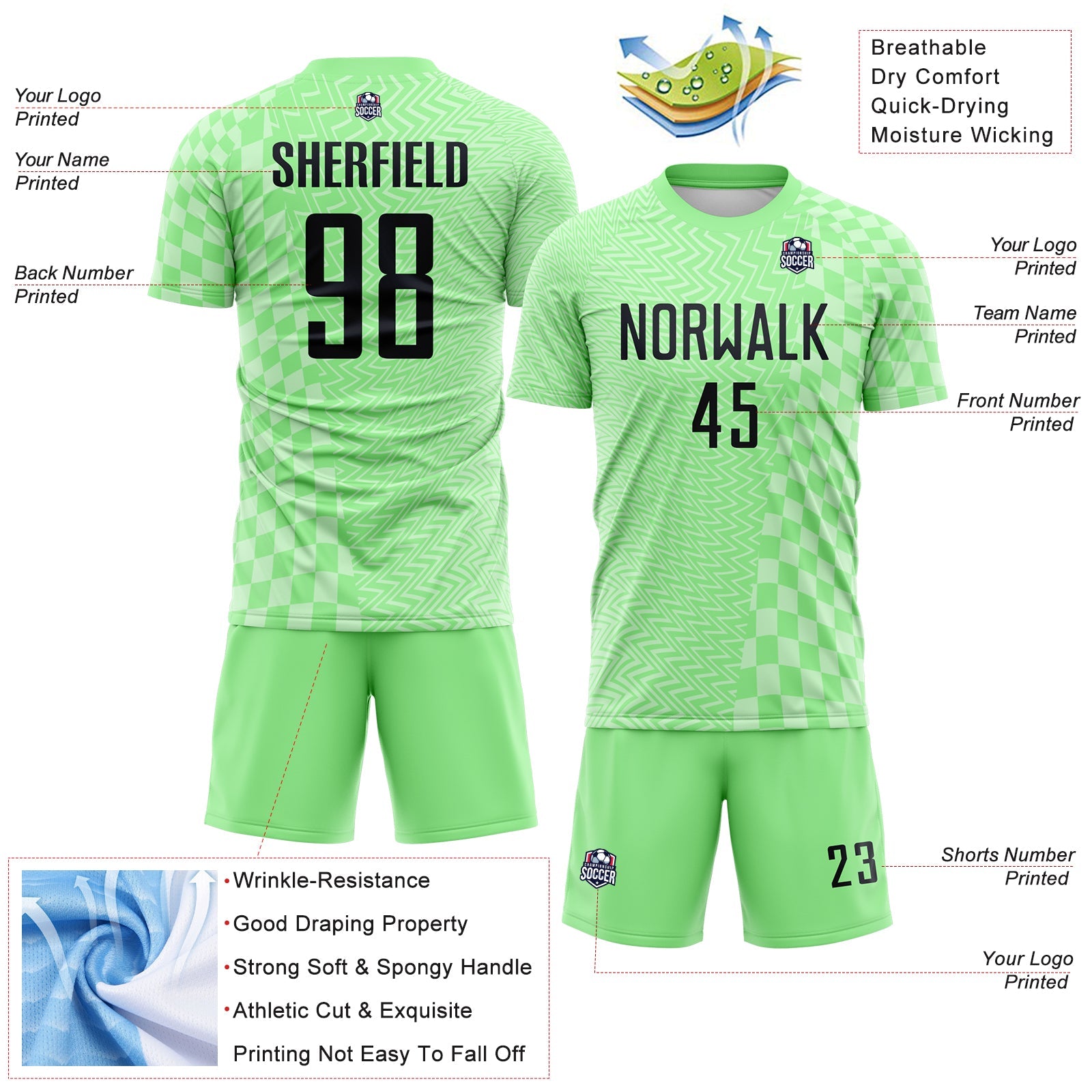 Custom Pea Green-Black Geometric Patchwork Asymmetry Checkered Zigzag Lines Sublimation Soccer Uniform Jersey view 4