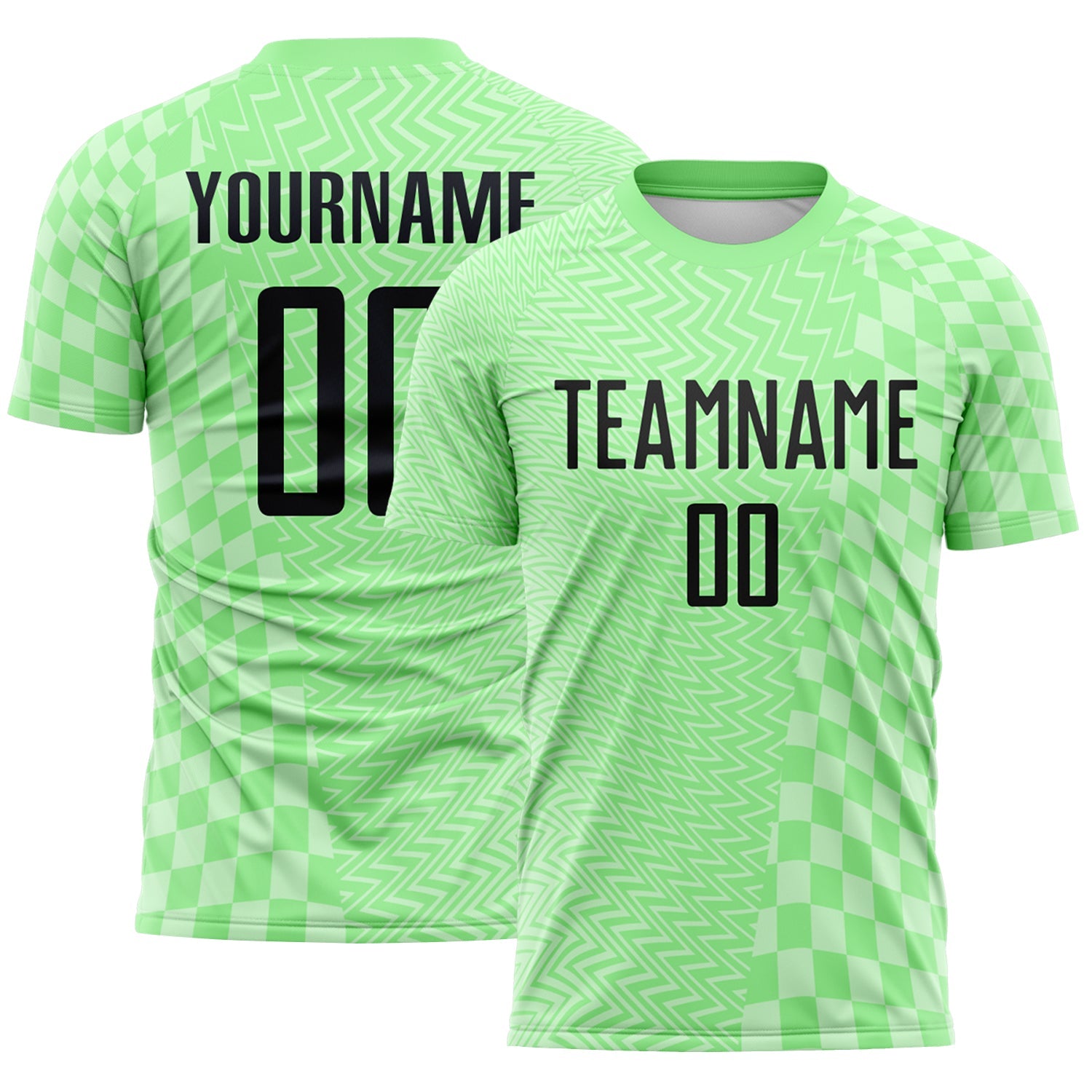 Custom Pea Green-Black Geometric Patchwork Asymmetry Checkered Zigzag Lines Sublimation Soccer Uniform Jersey - Main View