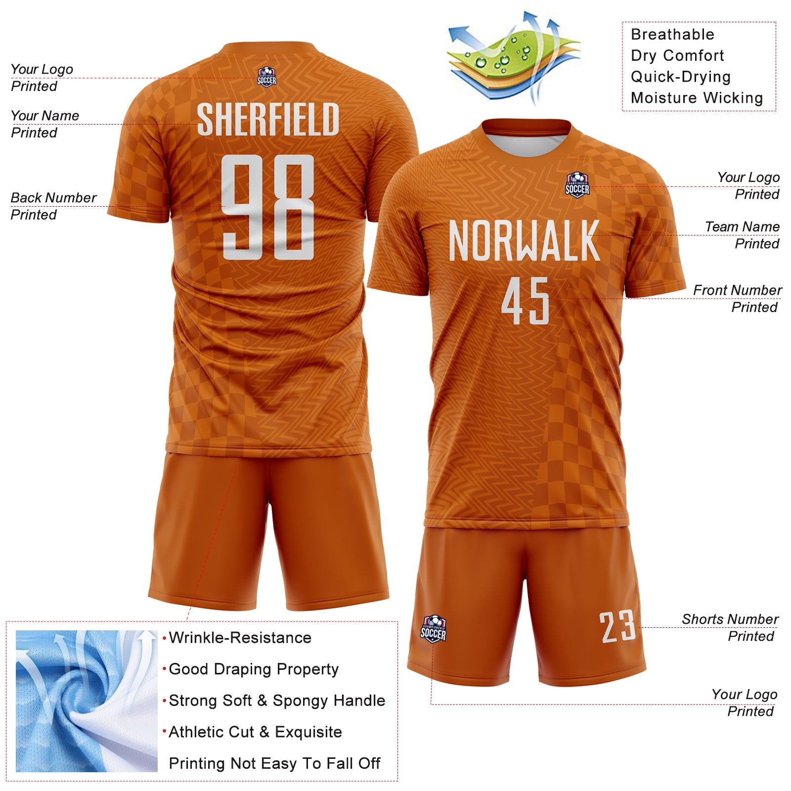 Custom Texas Orange-White Geometric Patchwork Asymmetry Checkered Zigzag Lines Sublimation Soccer Uniform Jersey view 4