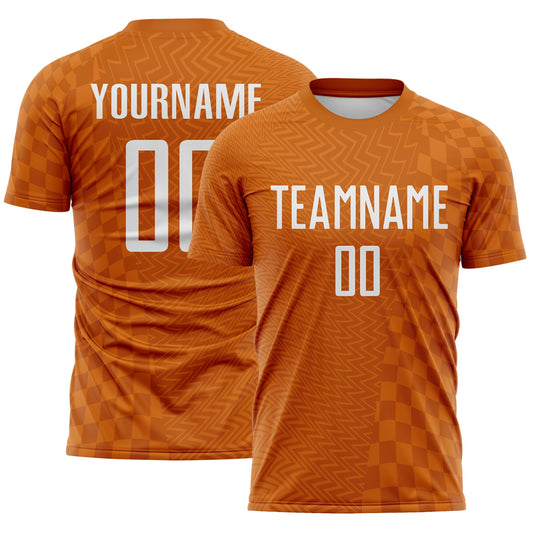 Custom Texas Orange-White Geometric Patchwork Asymmetry Checkered Zigzag Lines Sublimation Soccer Uniform Jersey - Main View