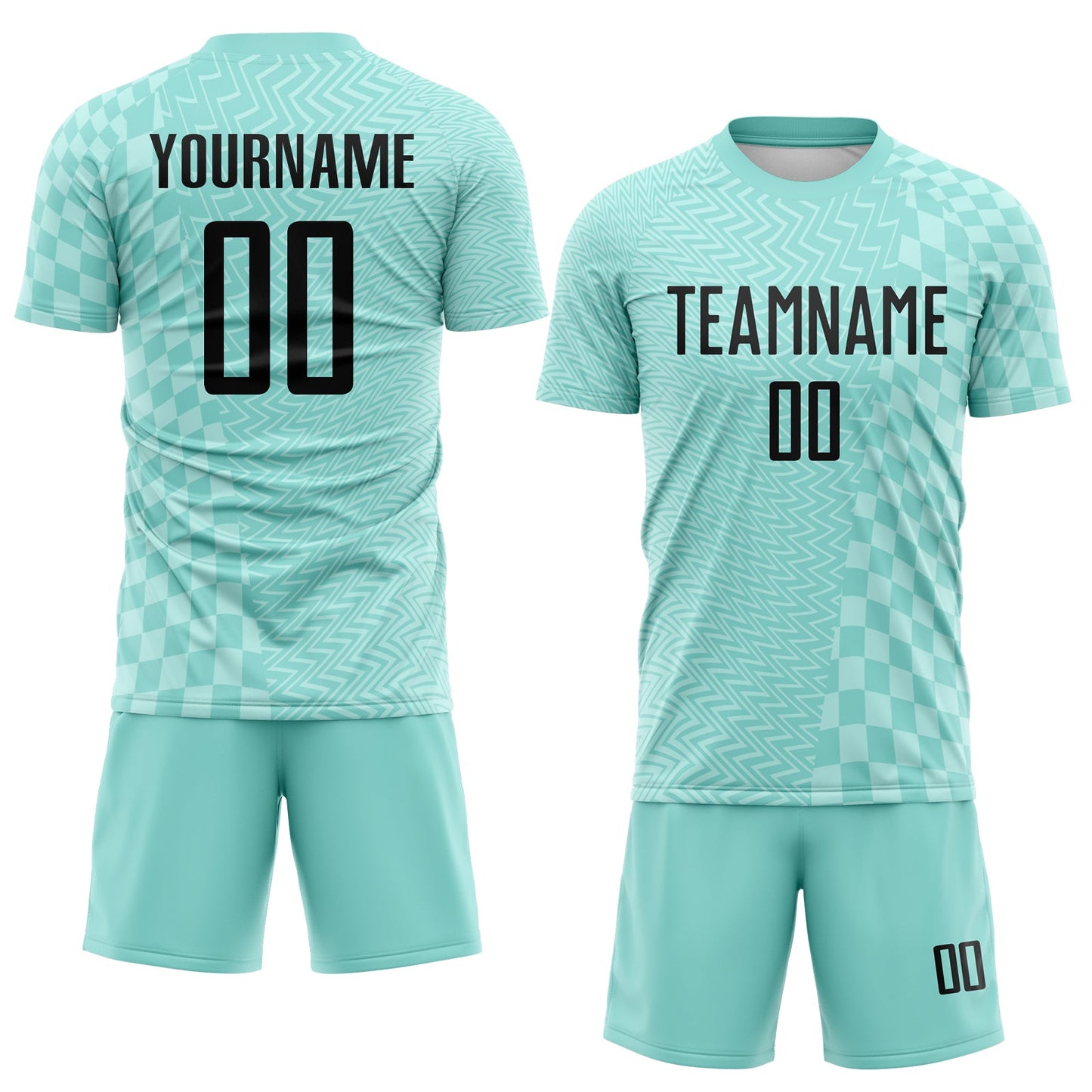 Custom Ice Blue-Black Geometric Patchwork Asymmetry Checkered Zigzag Lines Sublimation Soccer Uniform Jersey view 2