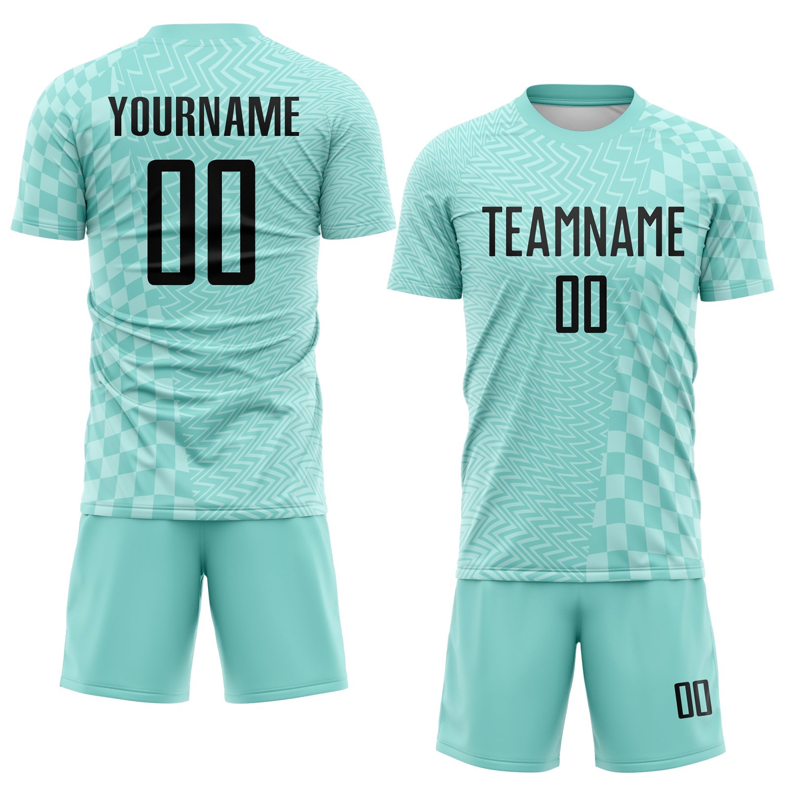 Custom Ice Blue-Black Geometric Patchwork Asymmetry Checkered Zigzag Lines Sublimation Soccer Uniform Jersey view 2