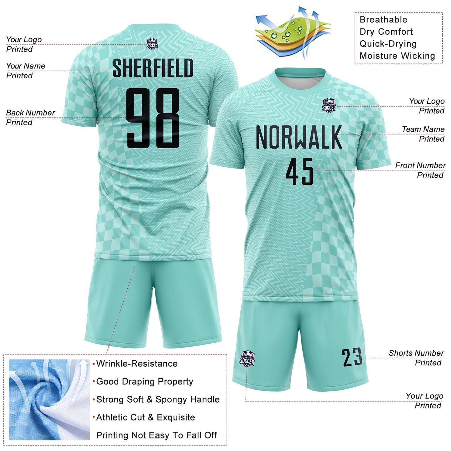 Custom Ice Blue-Black Geometric Patchwork Asymmetry Checkered Zigzag Lines Sublimation Soccer Uniform Jersey view 4