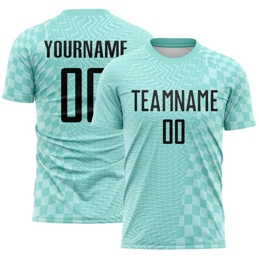Custom Ice Blue-Black Geometric Patchwork Asymmetry Checkered Zigzag Lines Sublimation Soccer Uniform Jersey - Main View