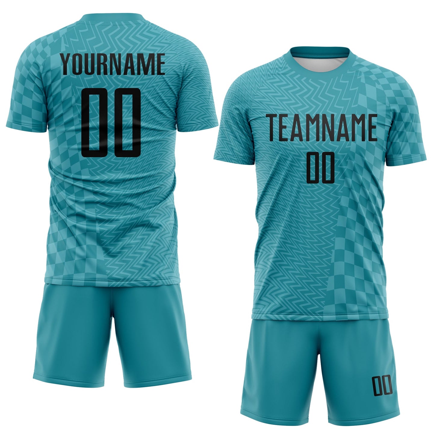 Custom Teal-Black Geometric Patchwork Asymmetry Checkered Zigzag Lines Sublimation Soccer Uniform Jersey view 2