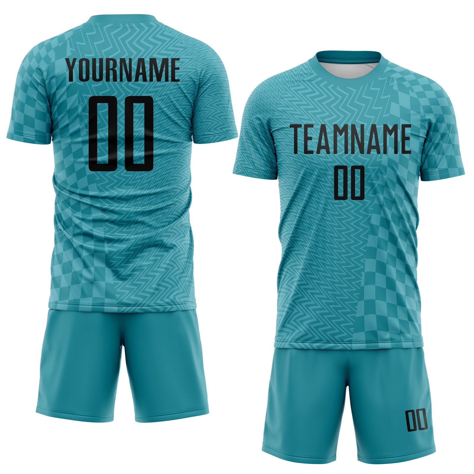 Custom Teal-Black Geometric Patchwork Asymmetry Checkered Zigzag Lines Sublimation Soccer Uniform Jersey view 2