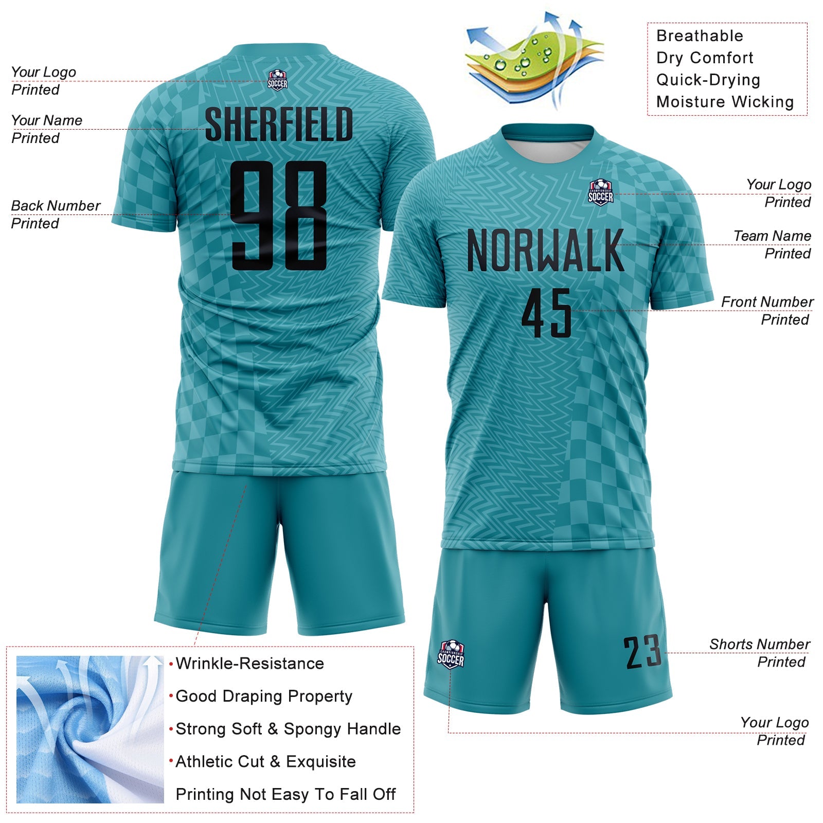 Custom Teal-Black Geometric Patchwork Asymmetry Checkered Zigzag Lines Sublimation Soccer Uniform Jersey view 4