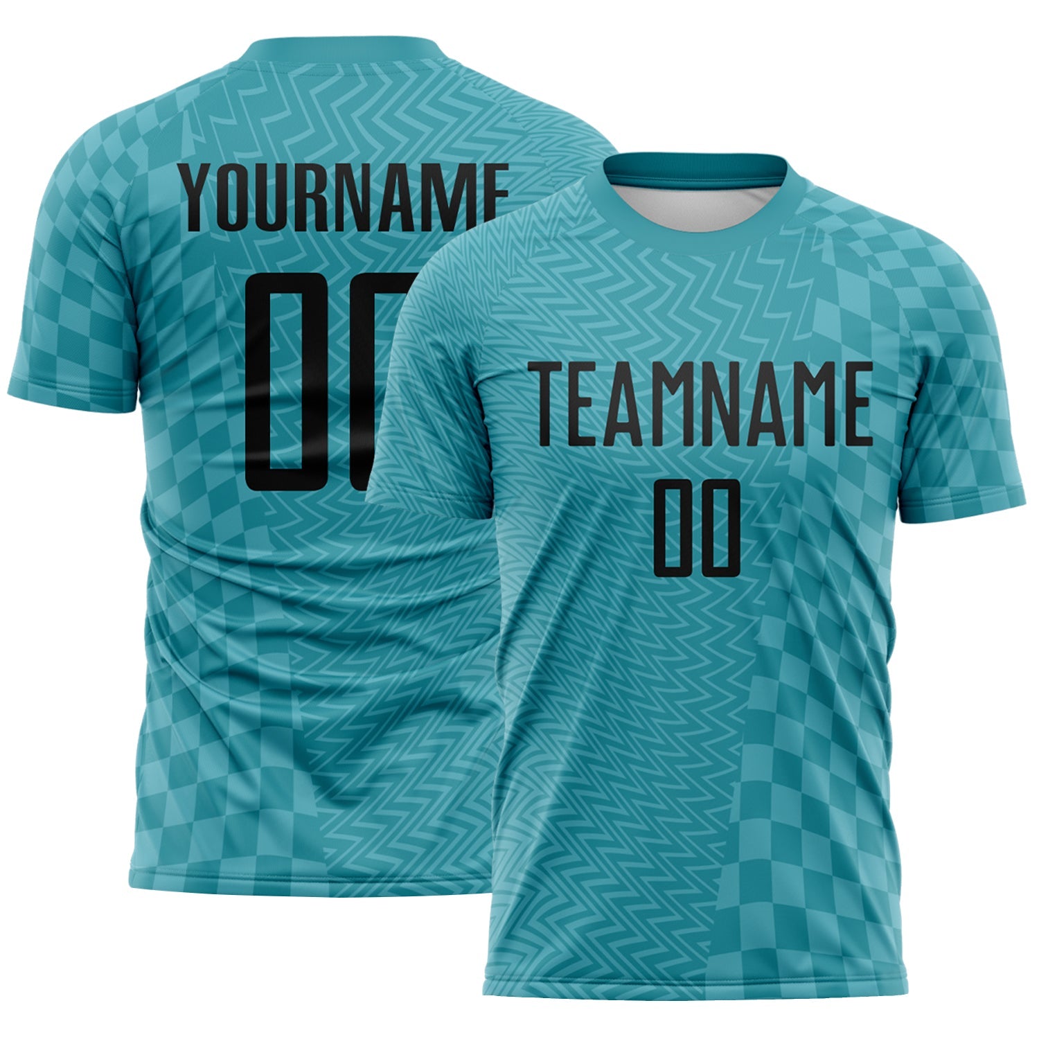 Custom Teal-Black Geometric Patchwork Asymmetry Checkered Zigzag Lines Sublimation Soccer Uniform Jersey - Main View