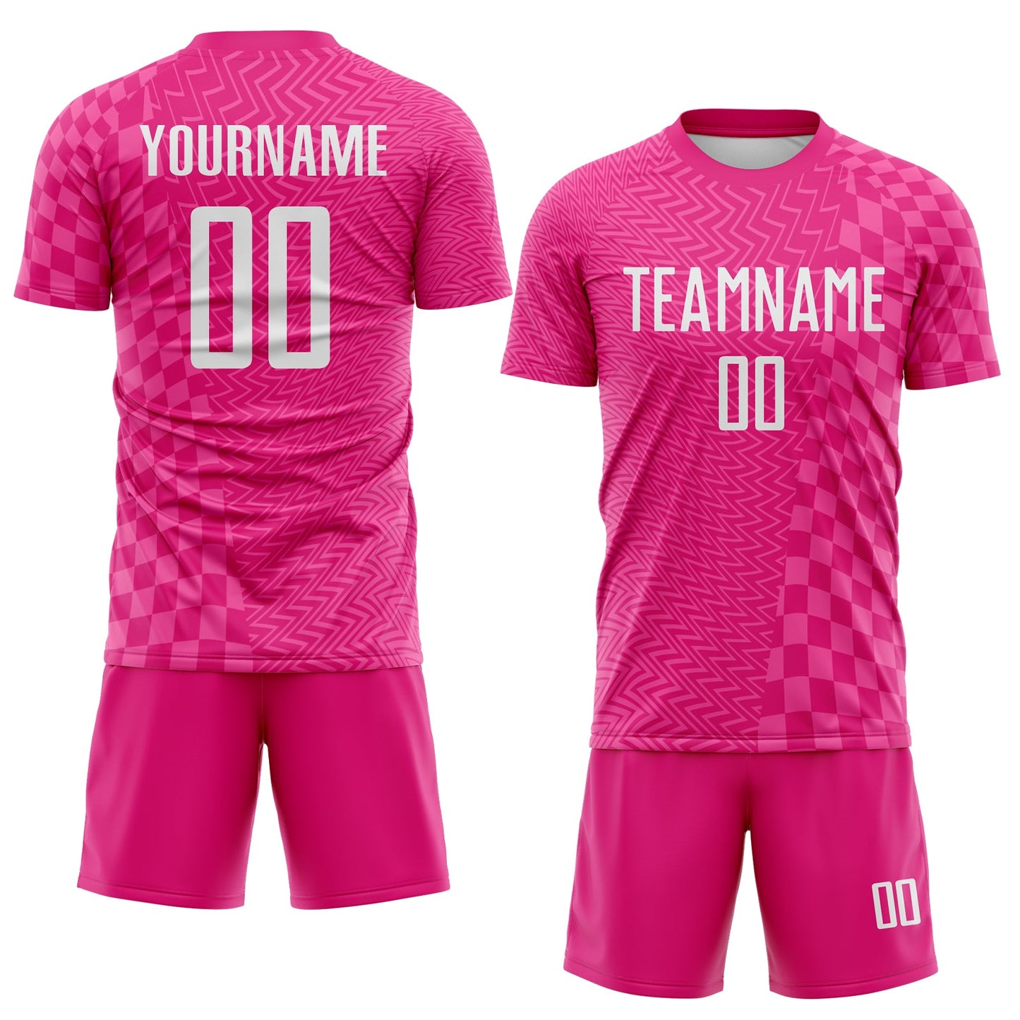 Custom Hot Pink-White Geometric Patchwork Asymmetry Checkered Zigzag Lines Sublimation Soccer Uniform Jersey view 2