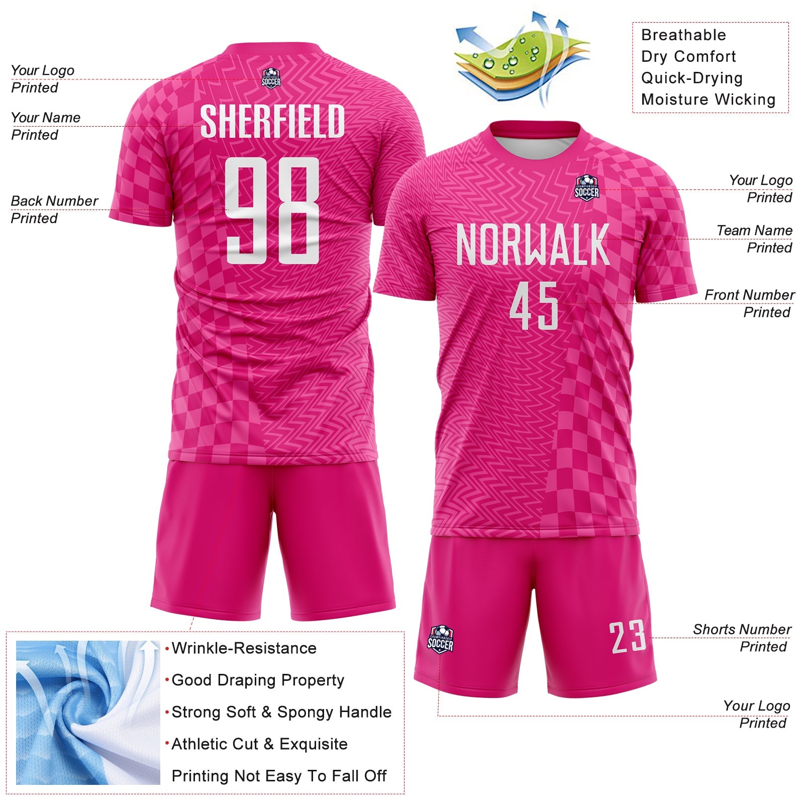 Custom Hot Pink-White Geometric Patchwork Asymmetry Checkered Zigzag Lines Sublimation Soccer Uniform Jersey view 4