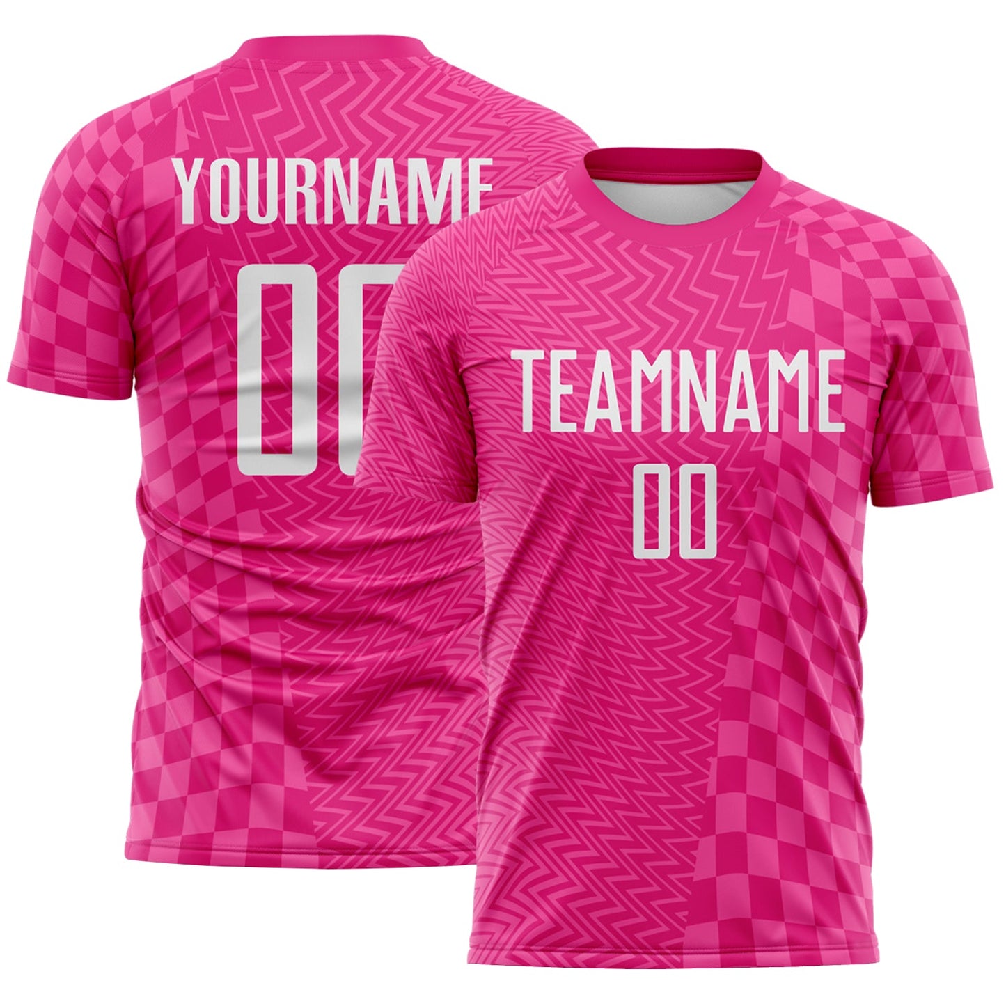 Custom Hot Pink-White Geometric Patchwork Asymmetry Checkered Zigzag Lines Sublimation Soccer Uniform Jersey - Main View