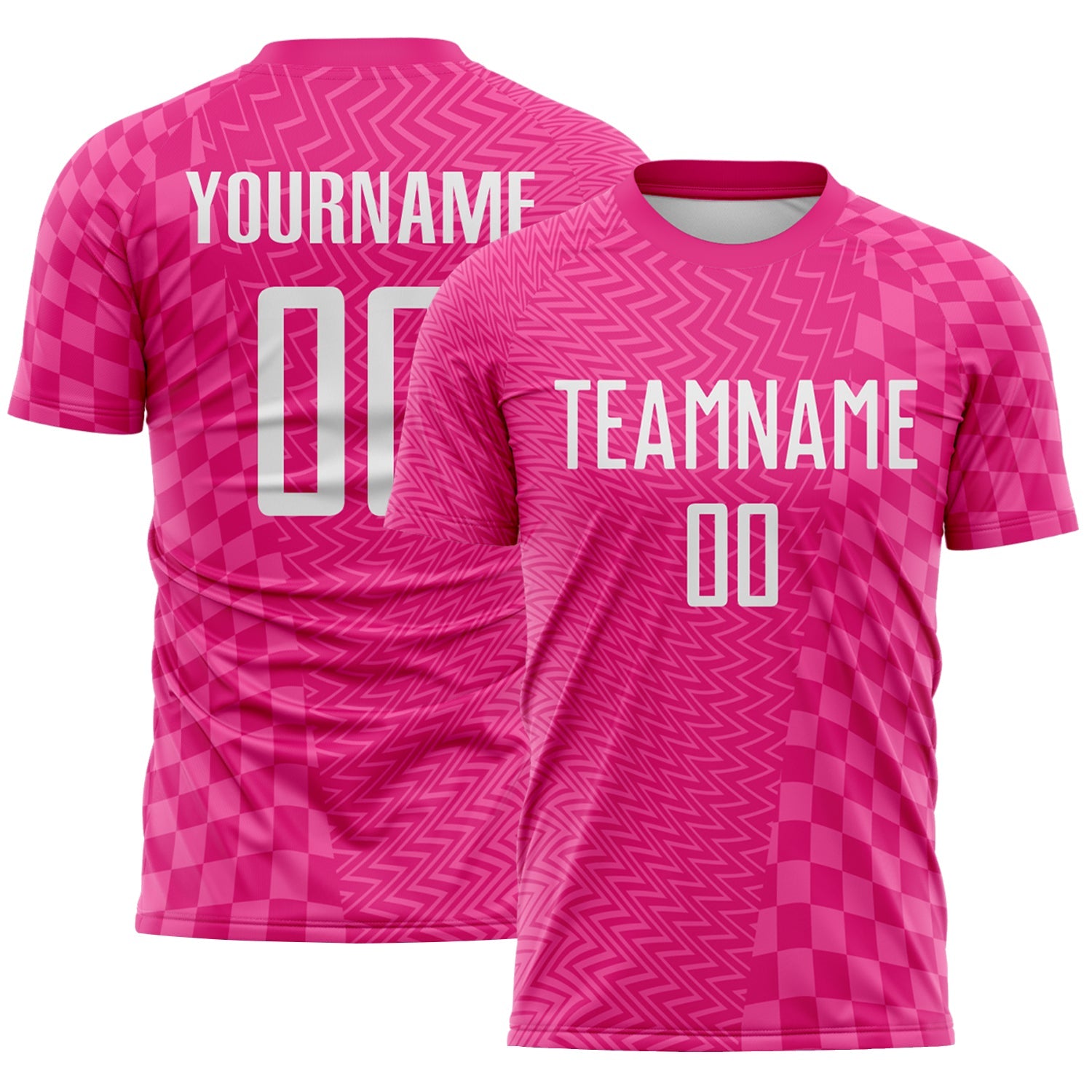 Custom Hot Pink-White Geometric Patchwork Asymmetry Checkered Zigzag Lines Sublimation Soccer Uniform Jersey - Main View