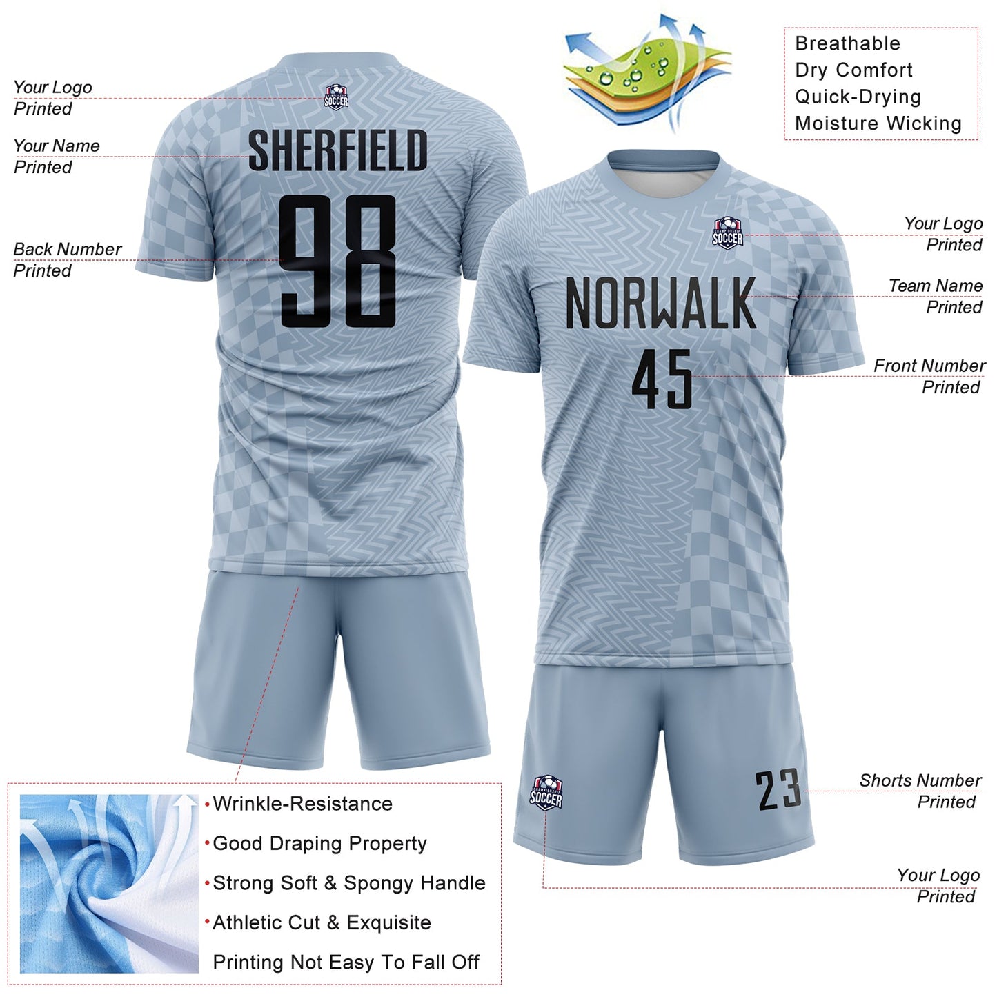 Custom Gray-White Geometric Patchwork Asymmetry Checkered Zigzag Lines Sublimation Soccer Uniform Jersey view 4